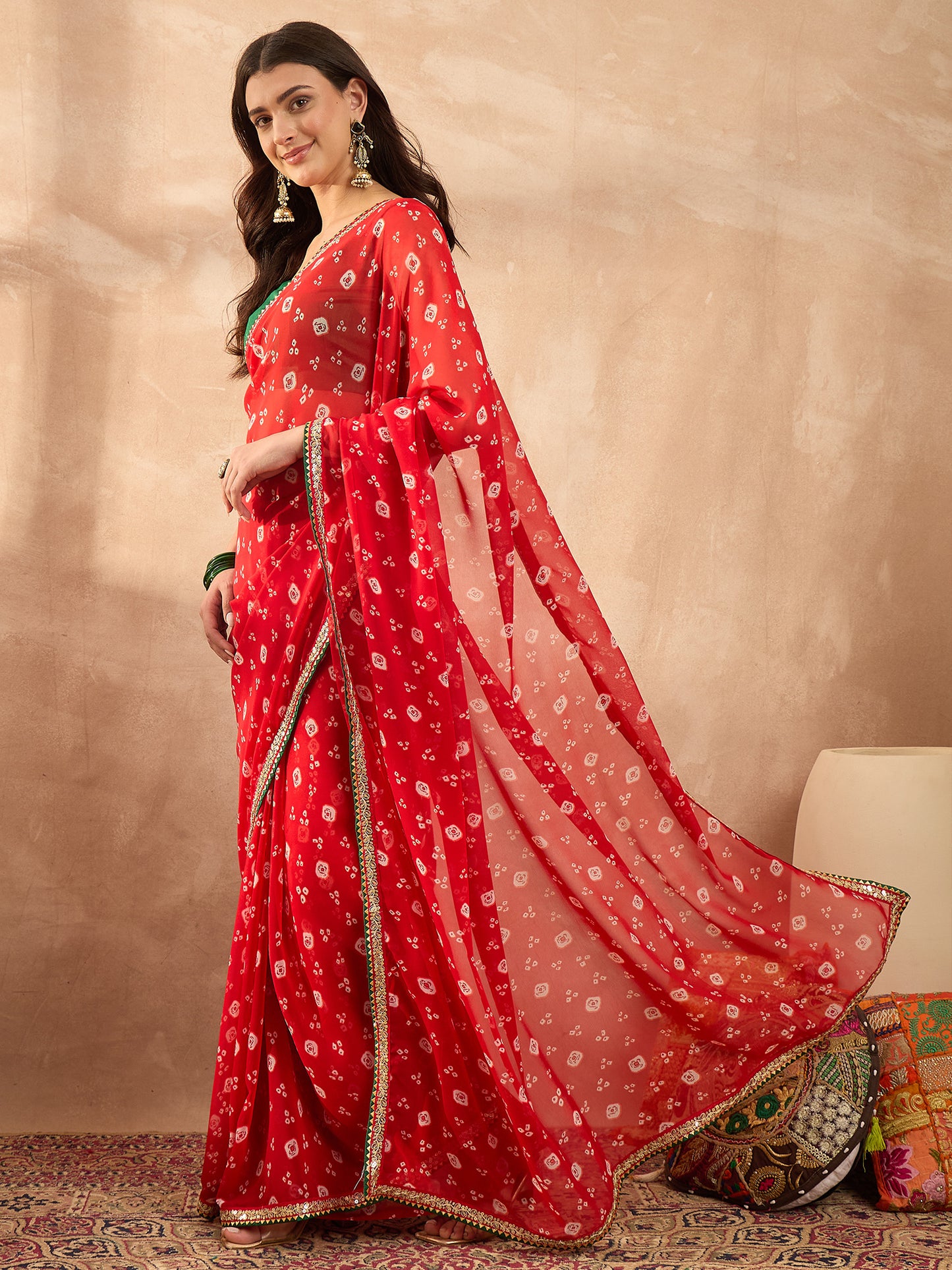 Women's Georgette Red Printed Designer Saree With Blouse Piece