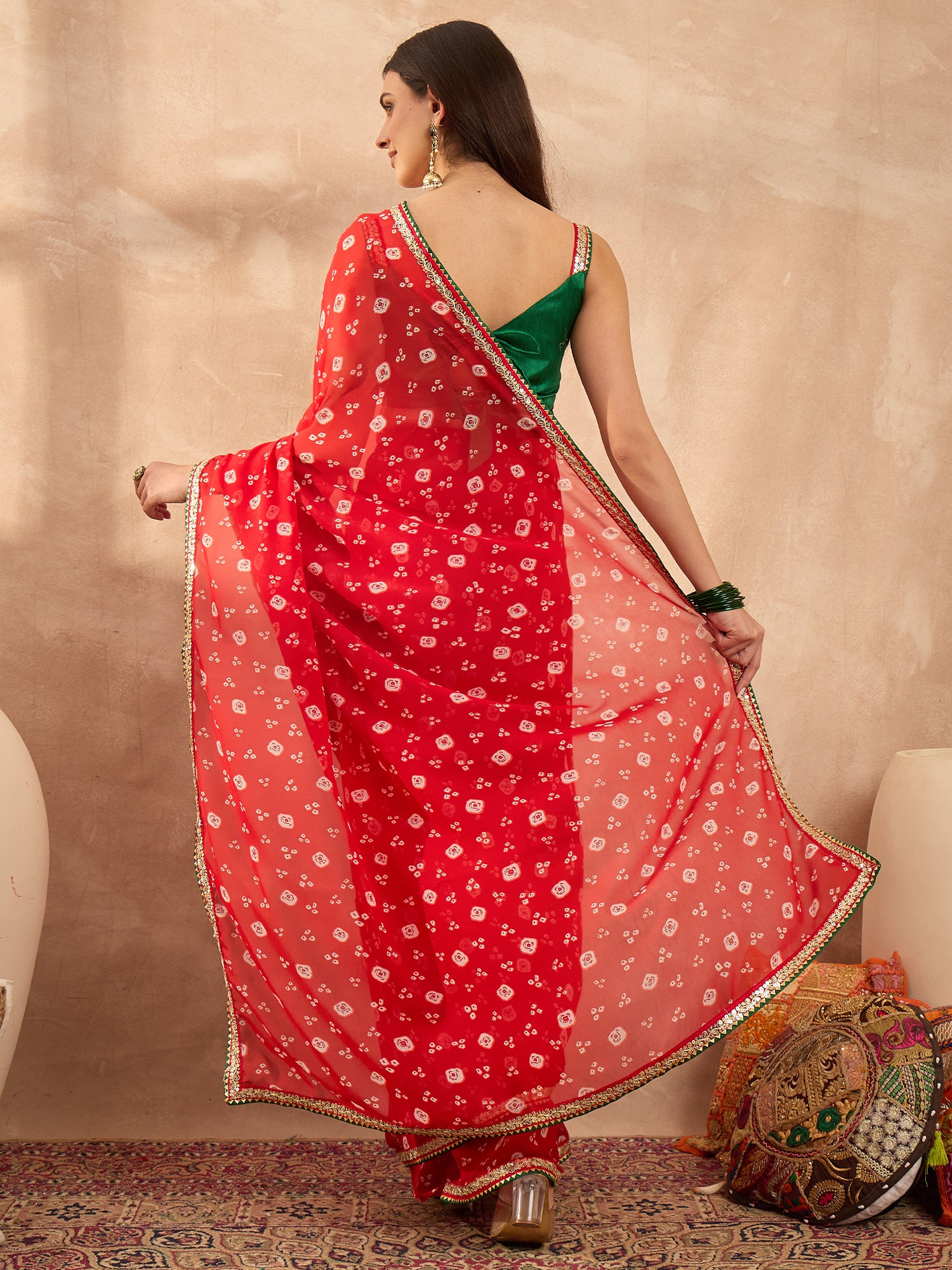 Women's Georgette Red Printed Designer Saree With Blouse Piece