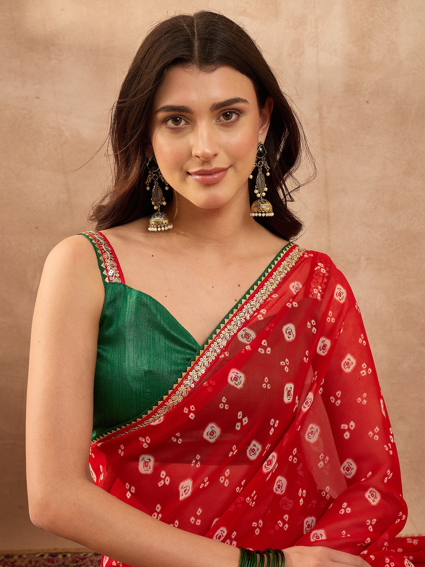 Women's Georgette Red Printed Designer Saree With Blouse Piece
