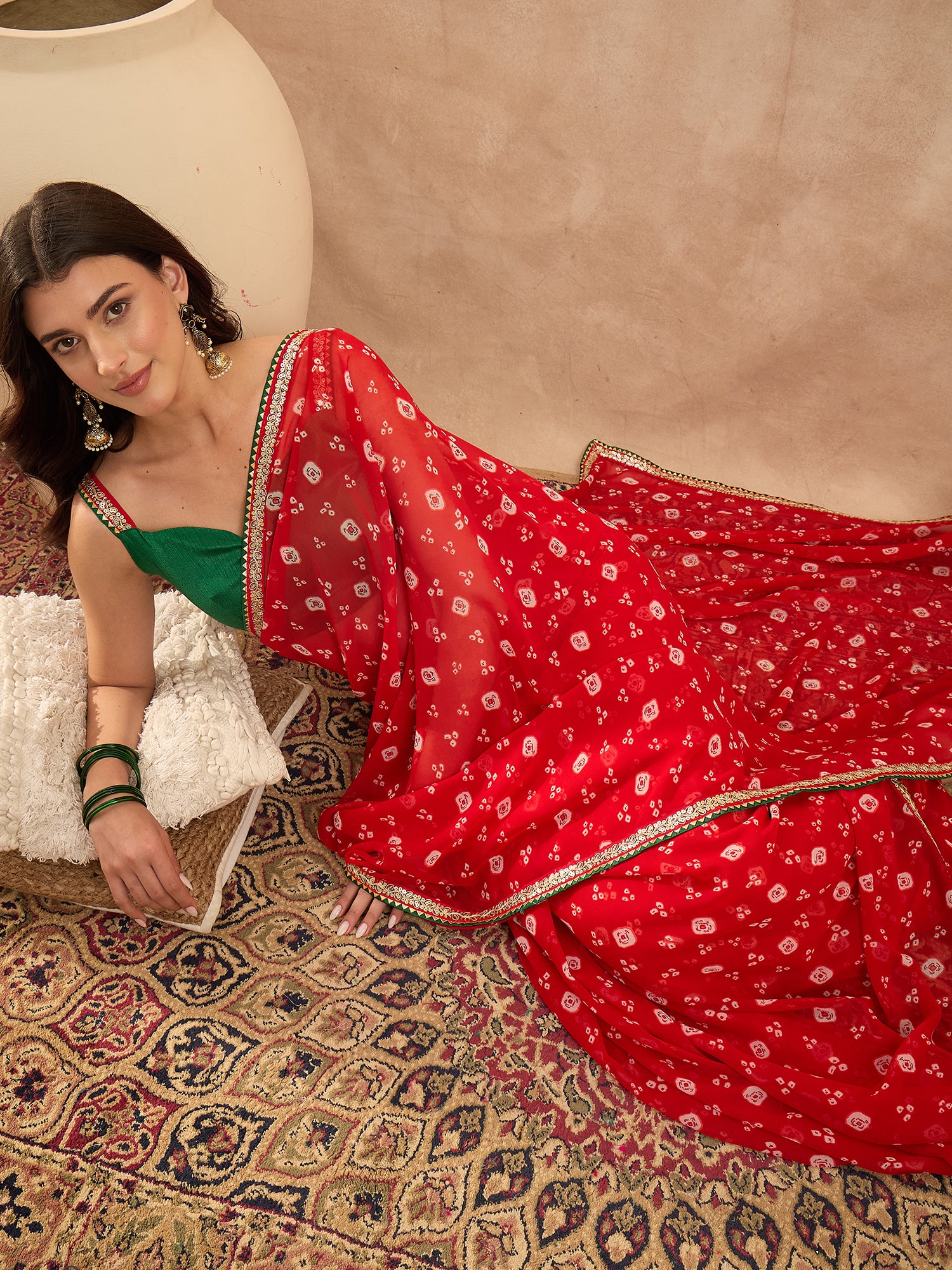 Women's Georgette Red Printed Designer Saree With Blouse Piece