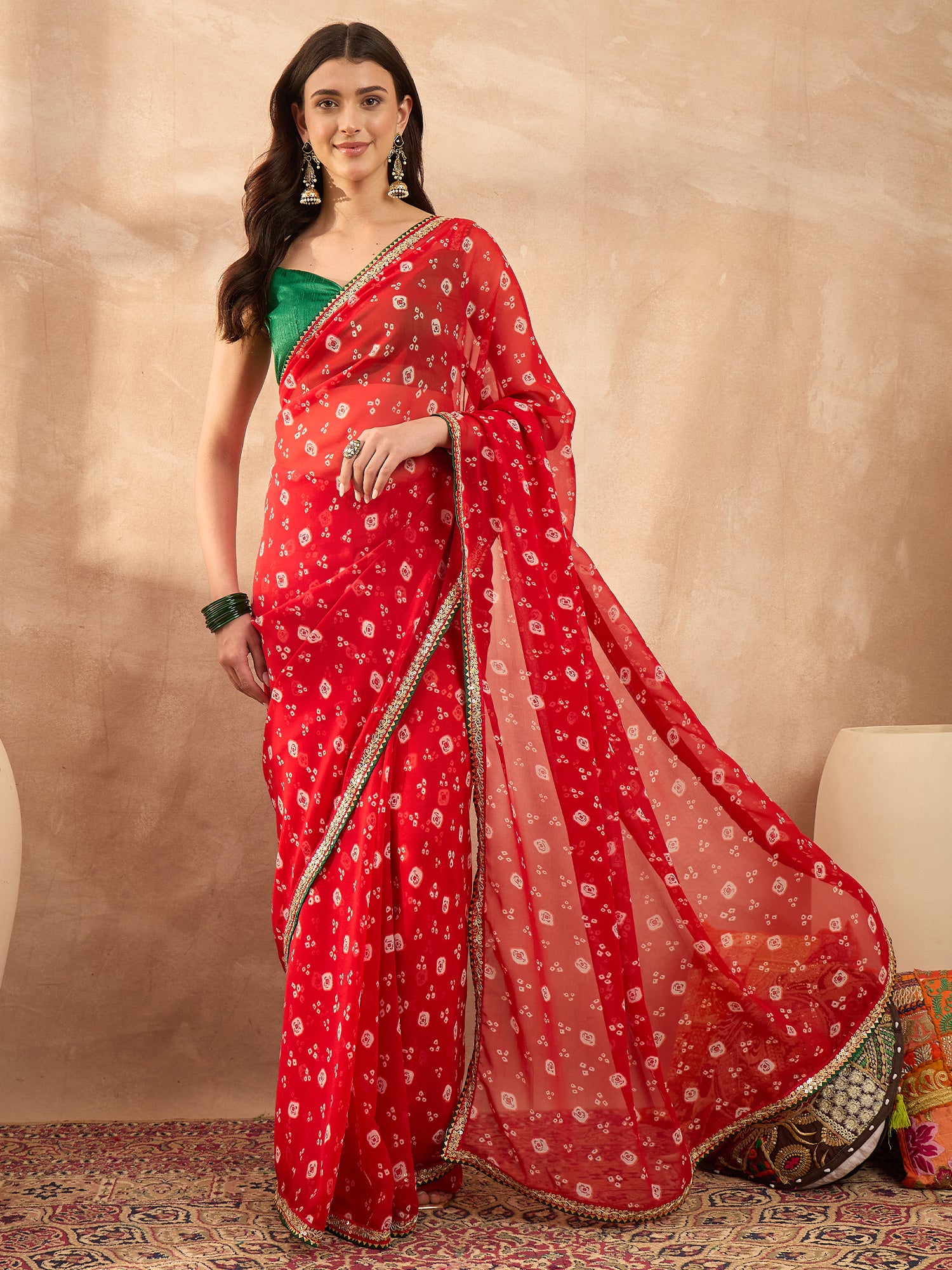 Women's Georgette Red Printed Designer Saree With Blouse Piece