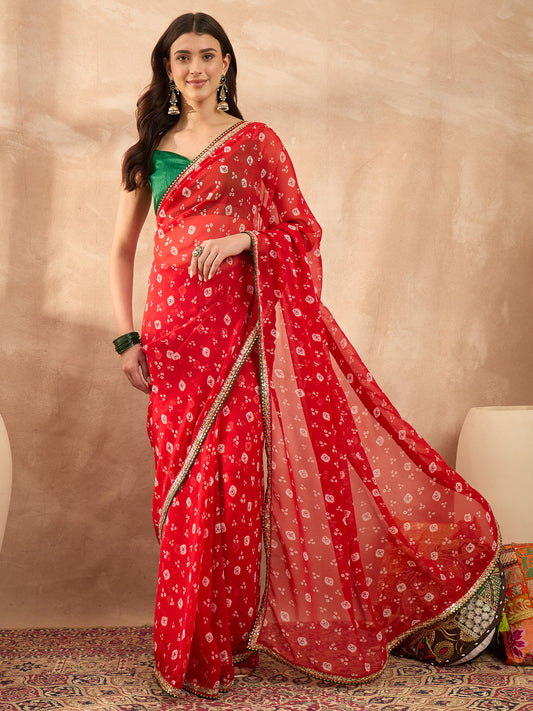 Women's Georgette Red Printed Designer Saree With Blouse Piece