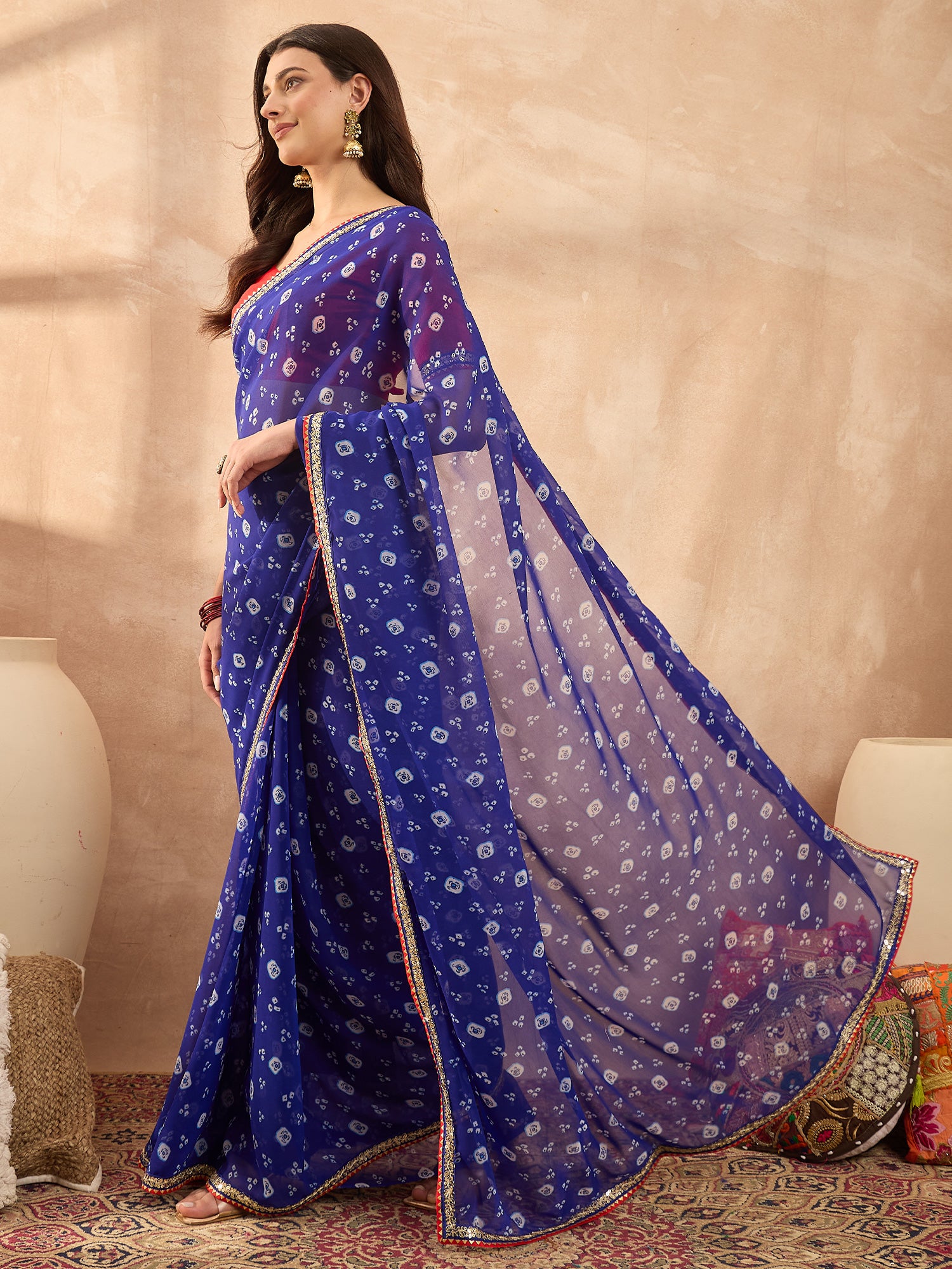 Women's Georgette Blue Printed Designer Saree With Blouse Piece