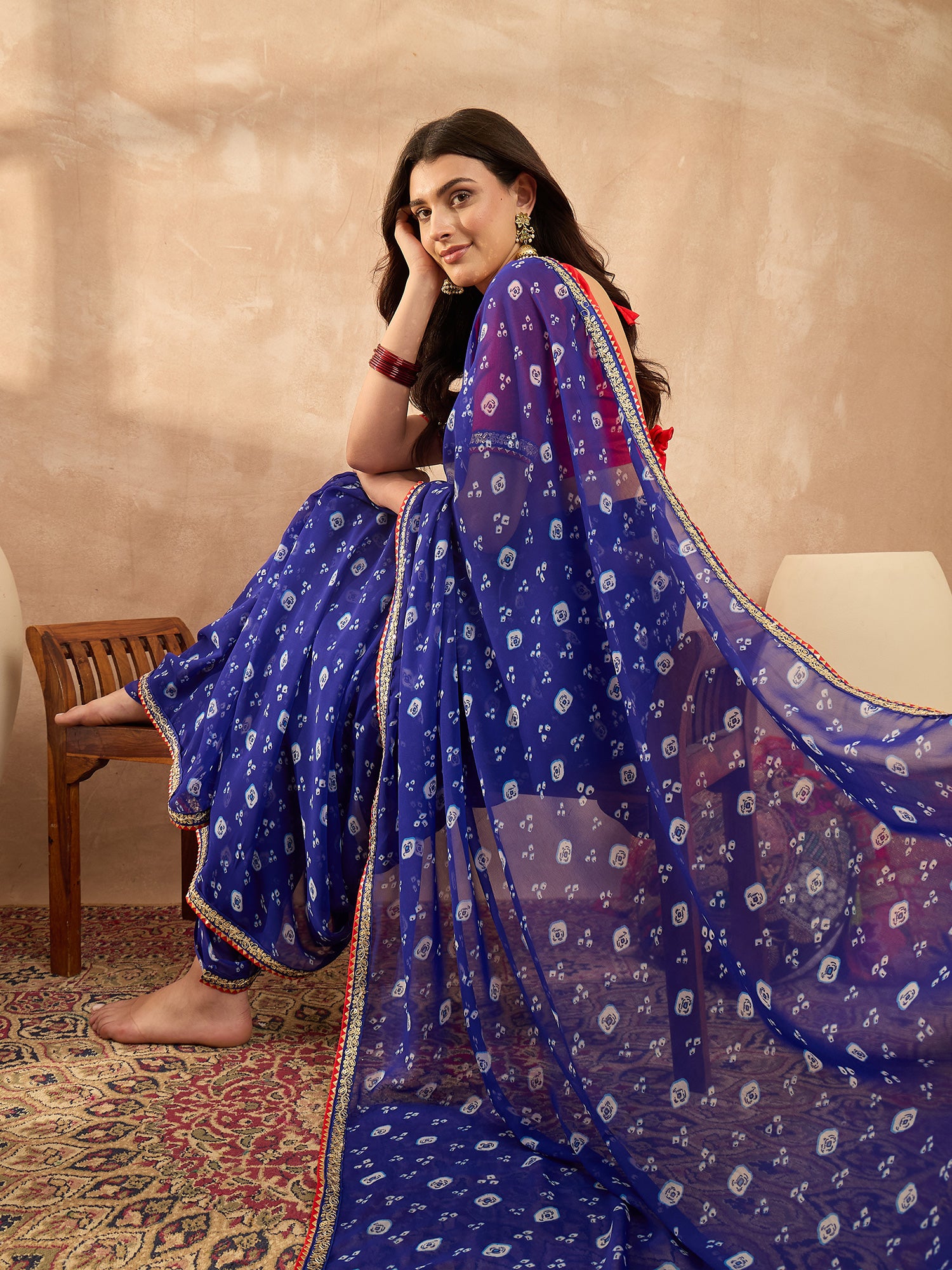 Women's Georgette Blue Printed Designer Saree With Blouse Piece