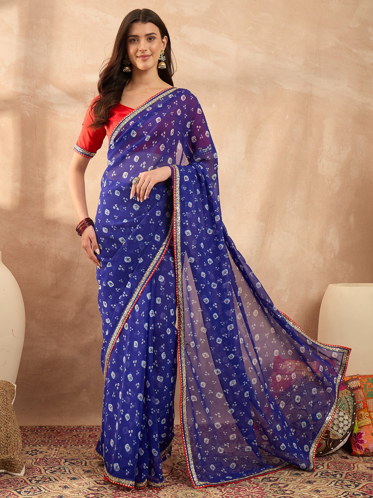 Women's Georgette Blue Printed Designer Saree With Blouse Piece