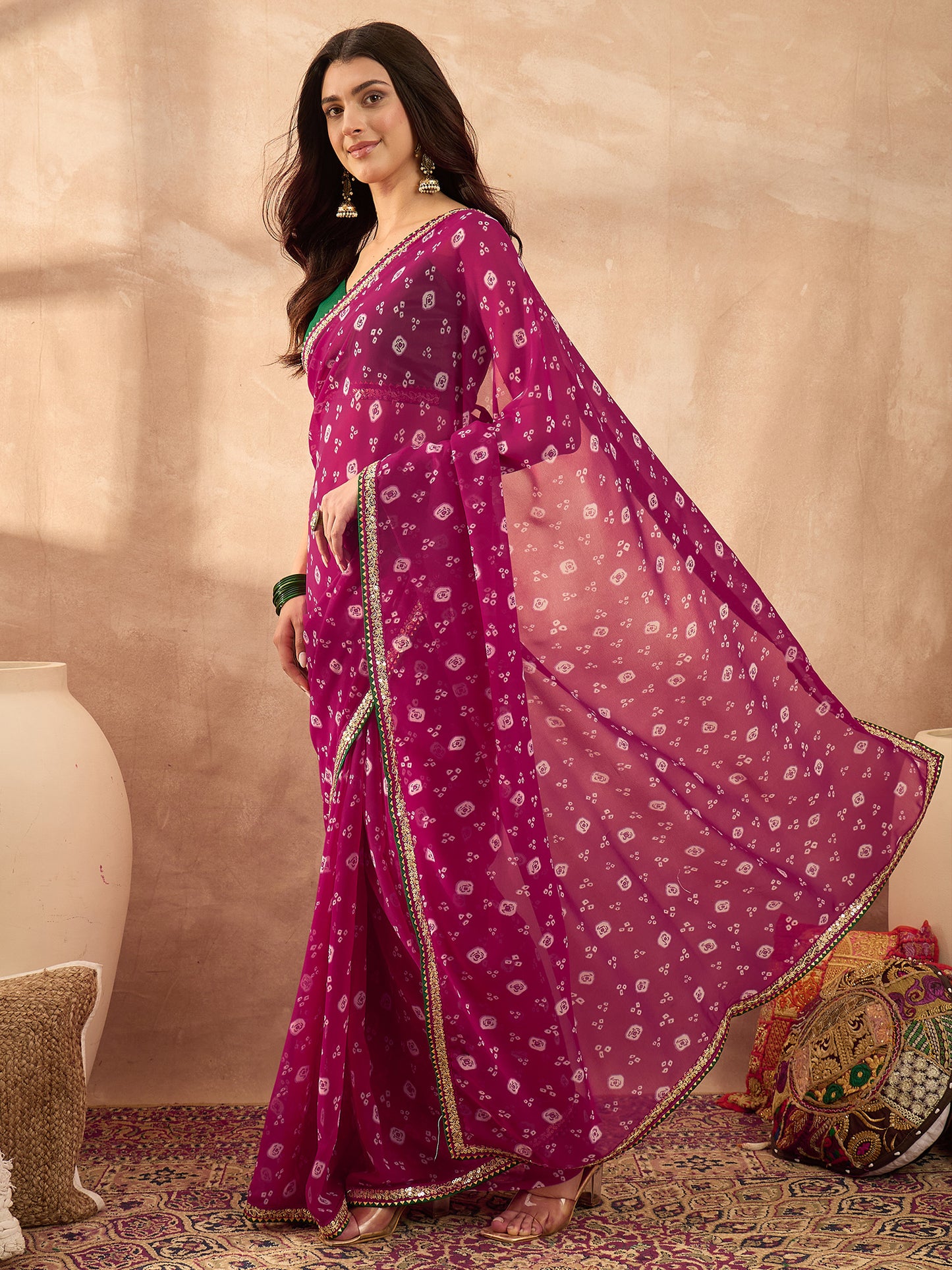 Women's Georgette Pink Printed Designer Saree With Blouse Piece