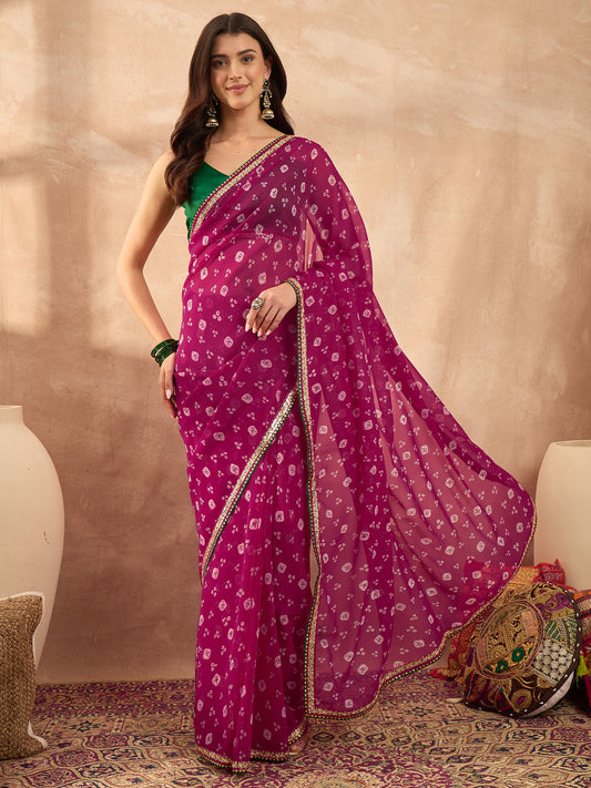Women's Georgette Pink Printed Designer Saree With Blouse Piece