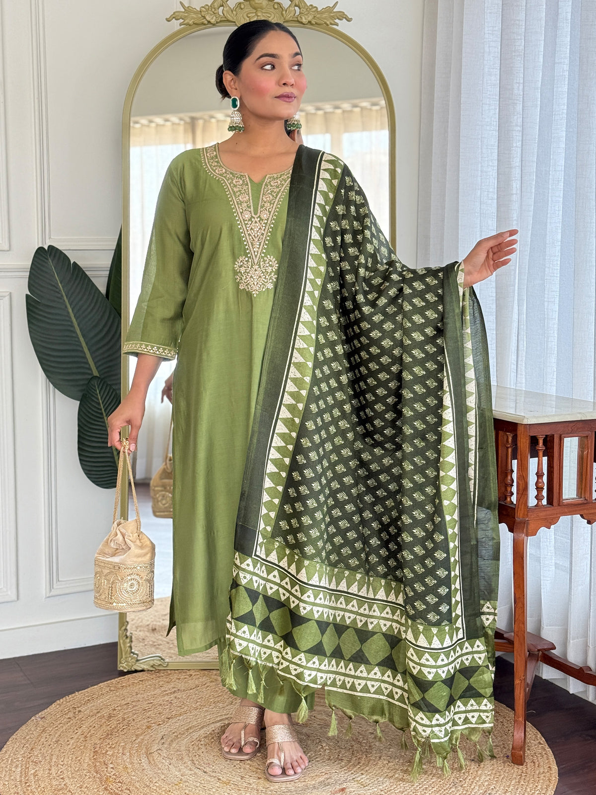 Green Embroidered Straight Kurta Trousers With Dupatta Set-BB9KH399