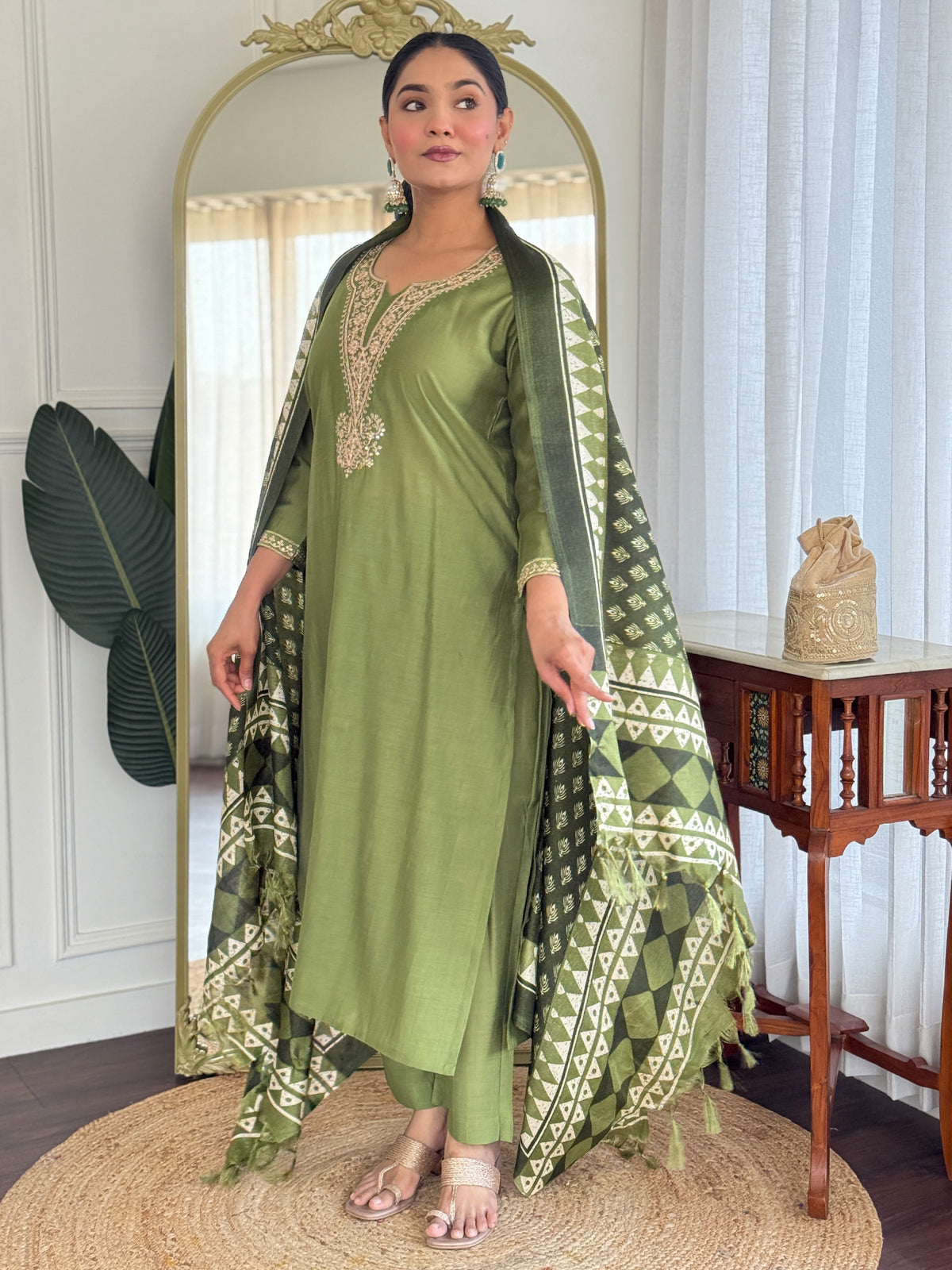 Green Embroidered Straight Kurta Trousers With Dupatta Set-BB9KH399