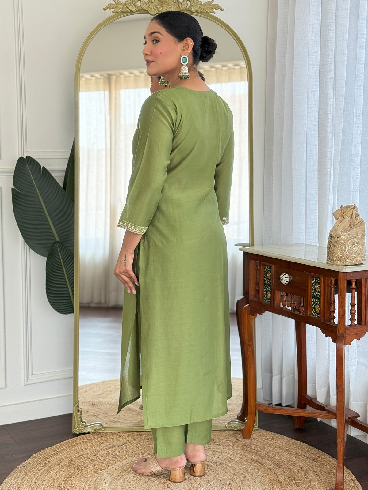 Green Embroidered Straight Kurta Trousers With Dupatta Set-BB9KH399