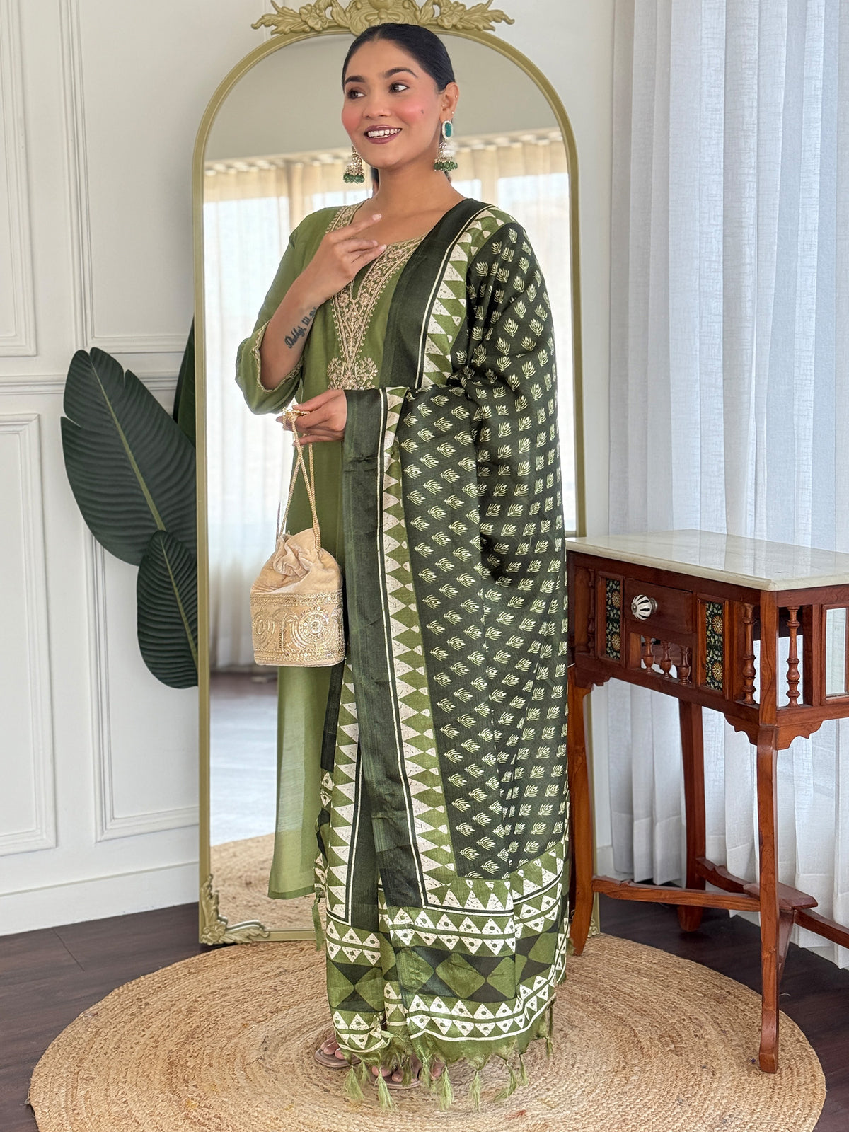 Green Embroidered Straight Kurta Trousers With Dupatta Set-BB9KH399