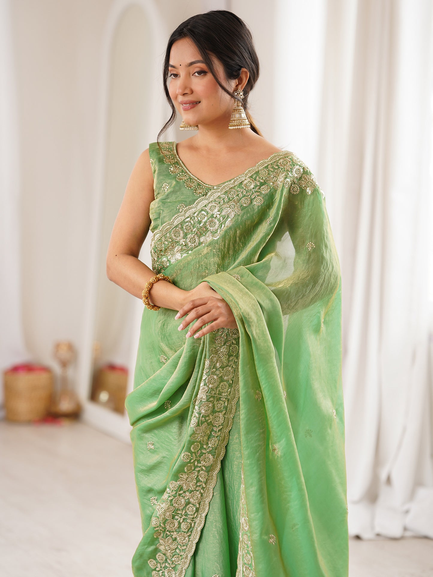 Women's Satin Sea Green Embellished Designer Saree With Blouse Piece