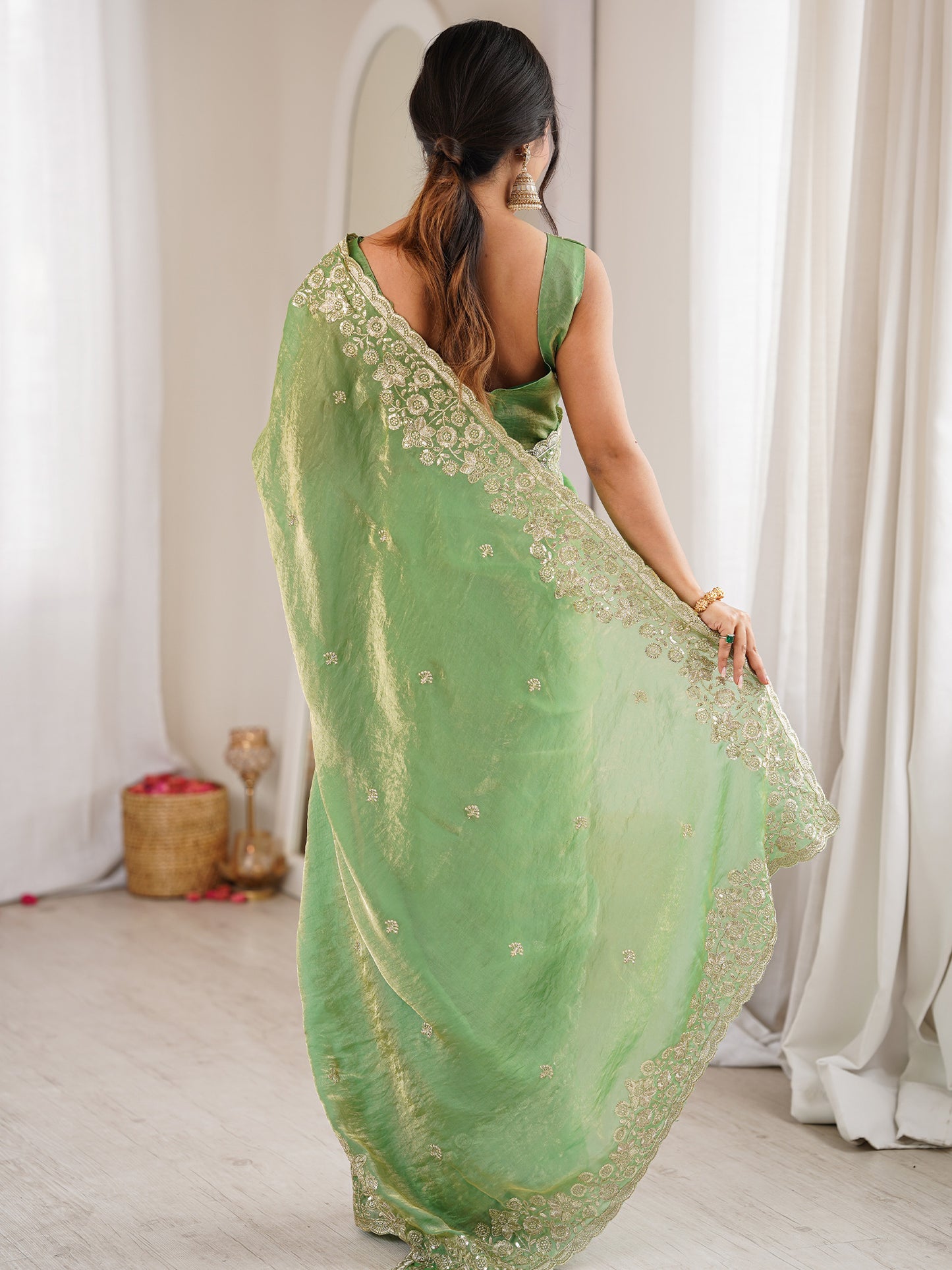 Women's Satin Sea Green Embellished Designer Saree With Blouse Piece