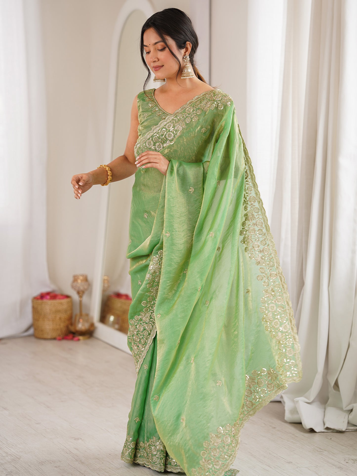 Women's Satin Sea Green Embellished Designer Saree With Blouse Piece