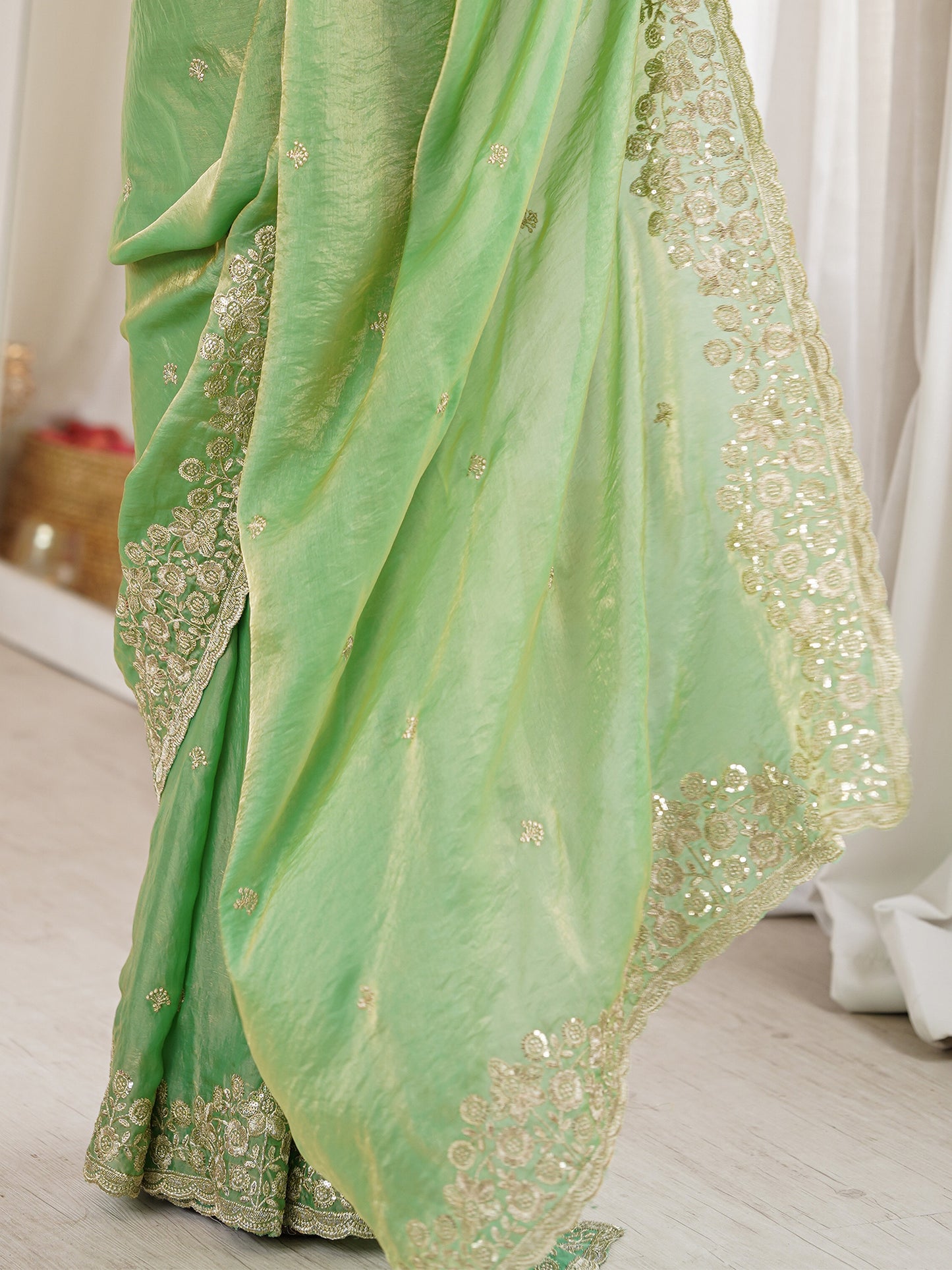 Women's Satin Sea Green Embellished Designer Saree With Blouse Piece