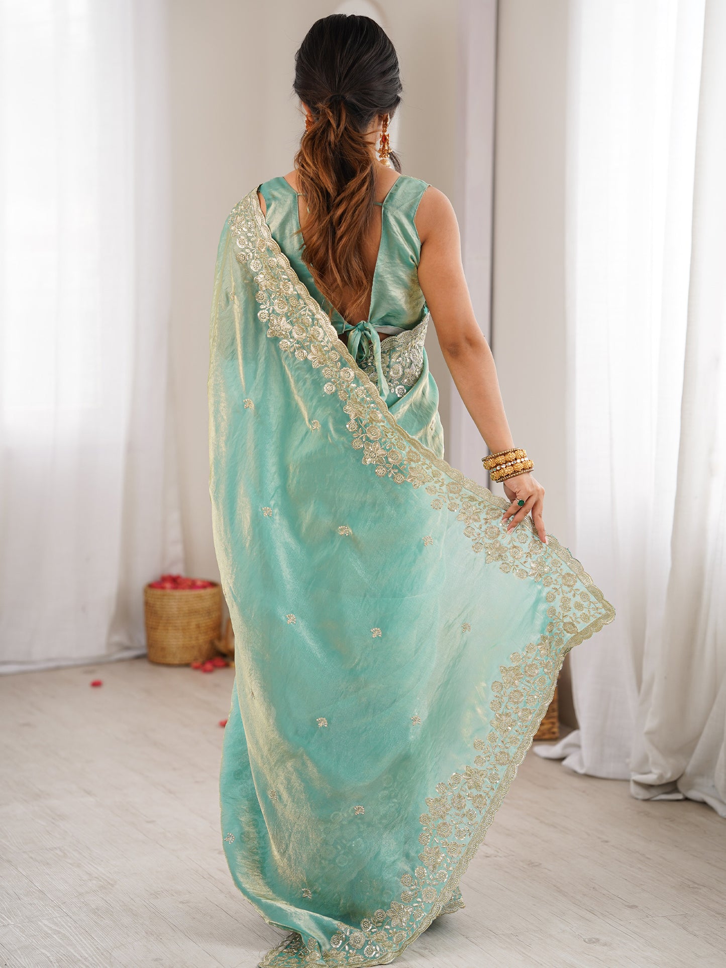 Women's Satin Light Blue Embellished Designer Saree With Blouse Piece