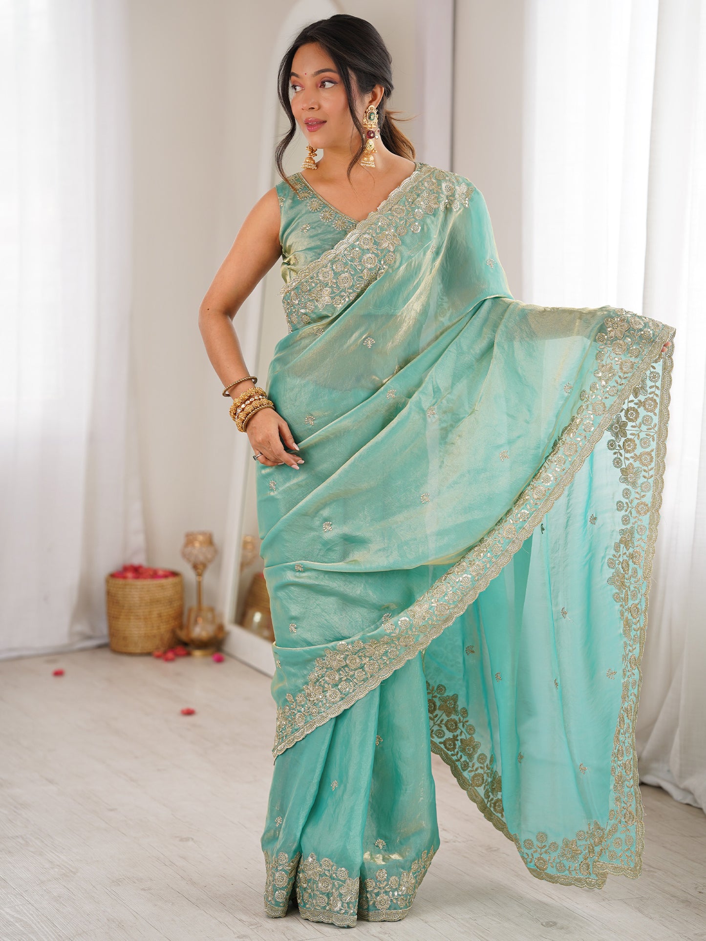 Women's Satin Light Blue Embellished Designer Saree With Blouse Piece
