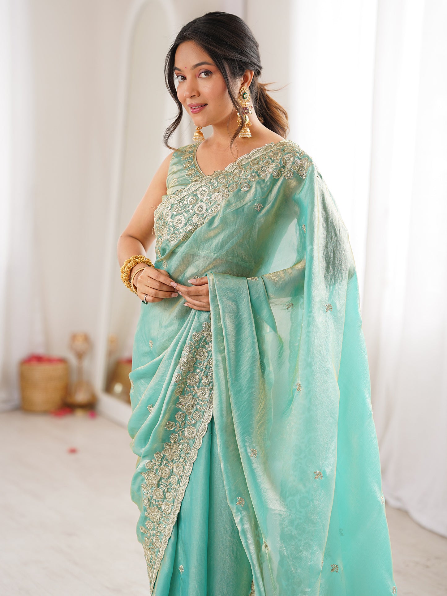 Women's Satin Light Blue Embellished Designer Saree With Blouse Piece