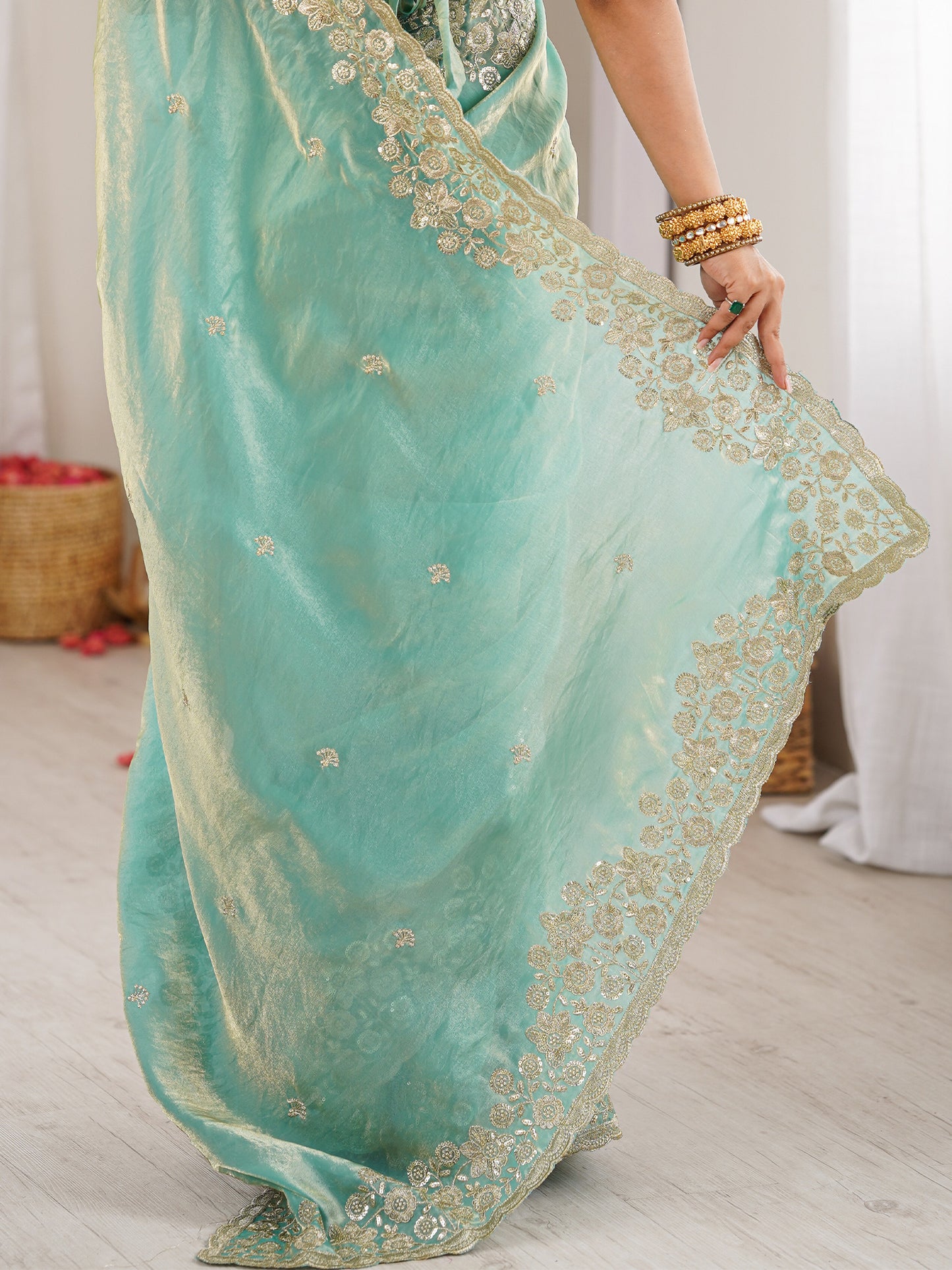 Women's Satin Light Blue Embellished Designer Saree With Blouse Piece