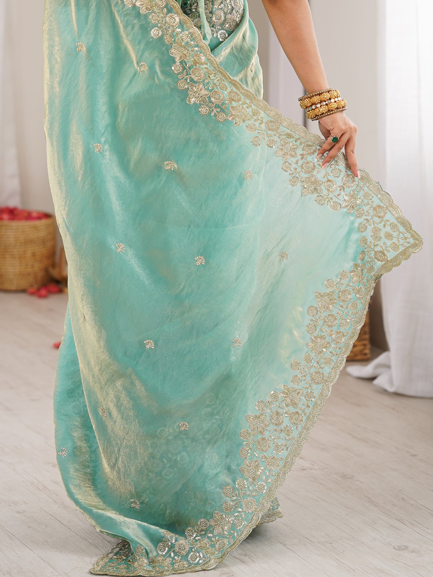 Women's Satin Light Blue Embellished Designer Saree With Blouse Piece