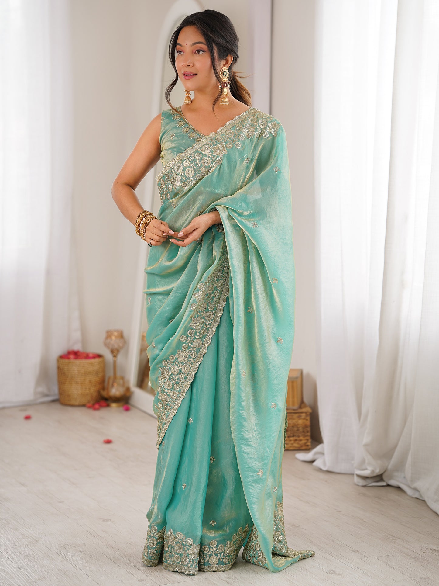 Women's Satin Light Blue Embellished Designer Saree With Blouse Piece