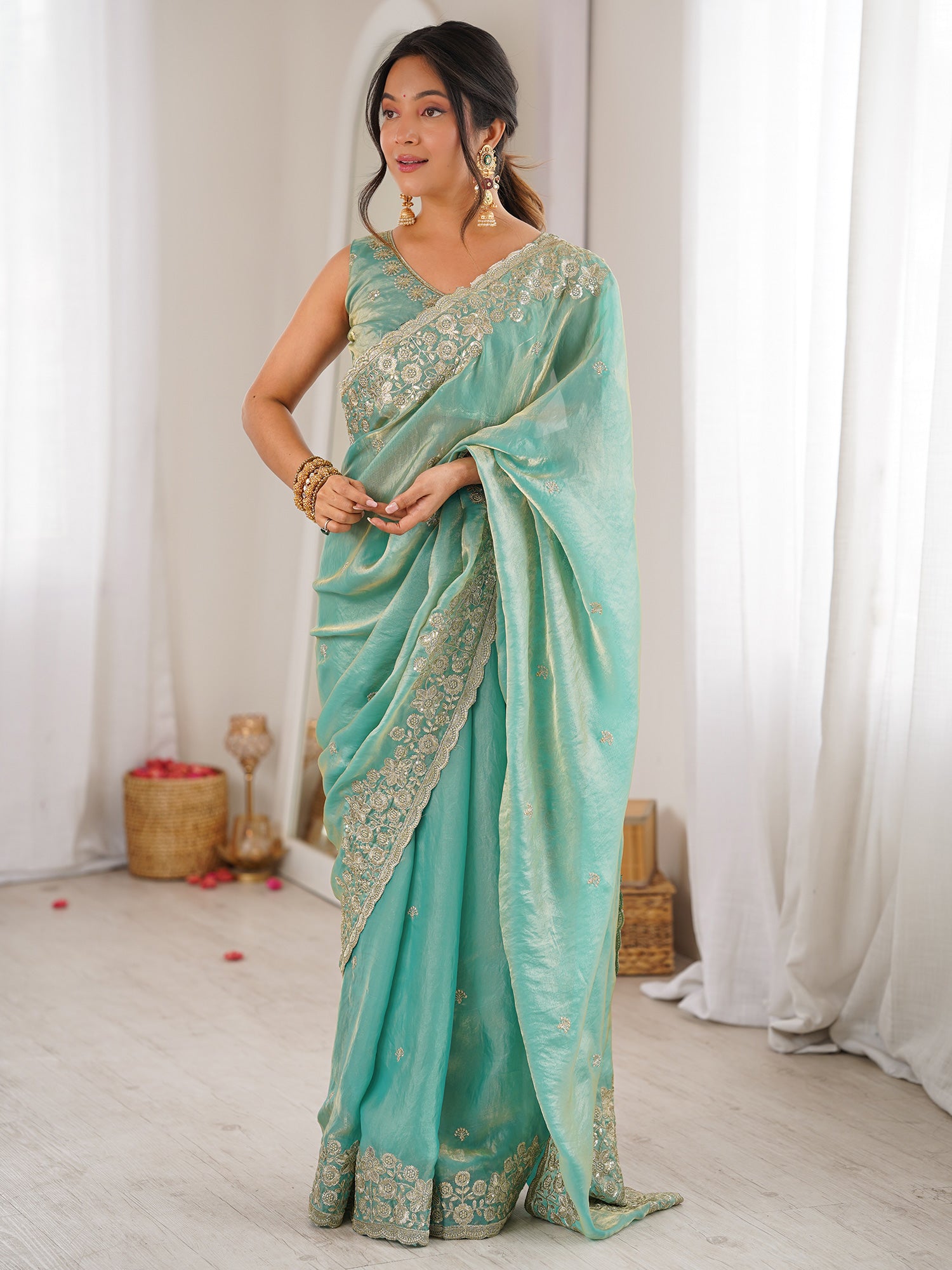 Women's Satin Light Blue Embellished Designer Saree With Blouse Piece