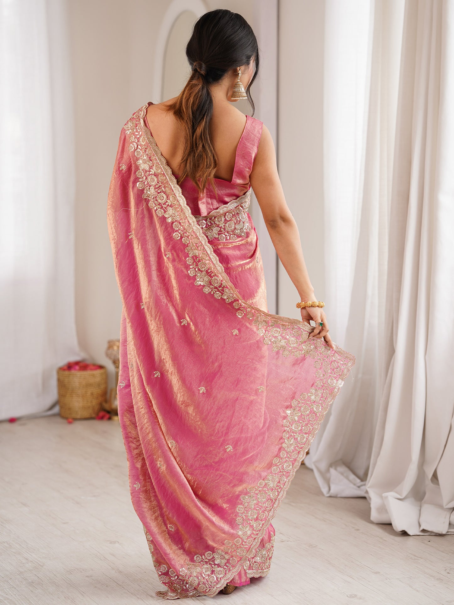 Women's Satin Rose Gold Embellished Designer Saree With Blouse Piece