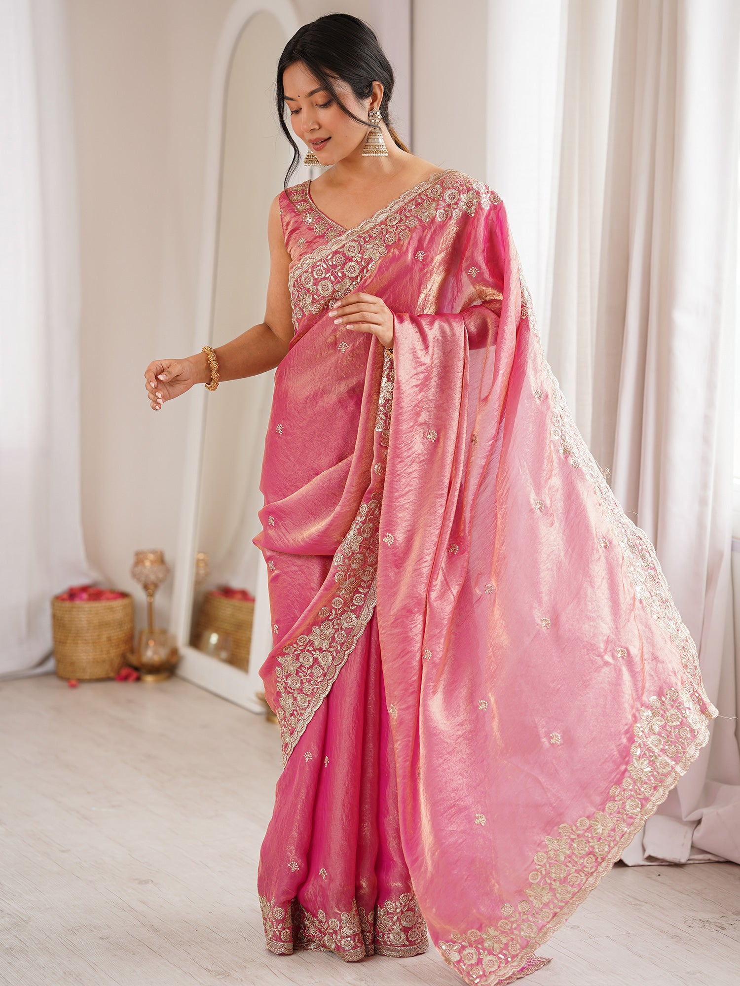 Women's Satin Rose Gold Embellished Designer Saree With Blouse Piece