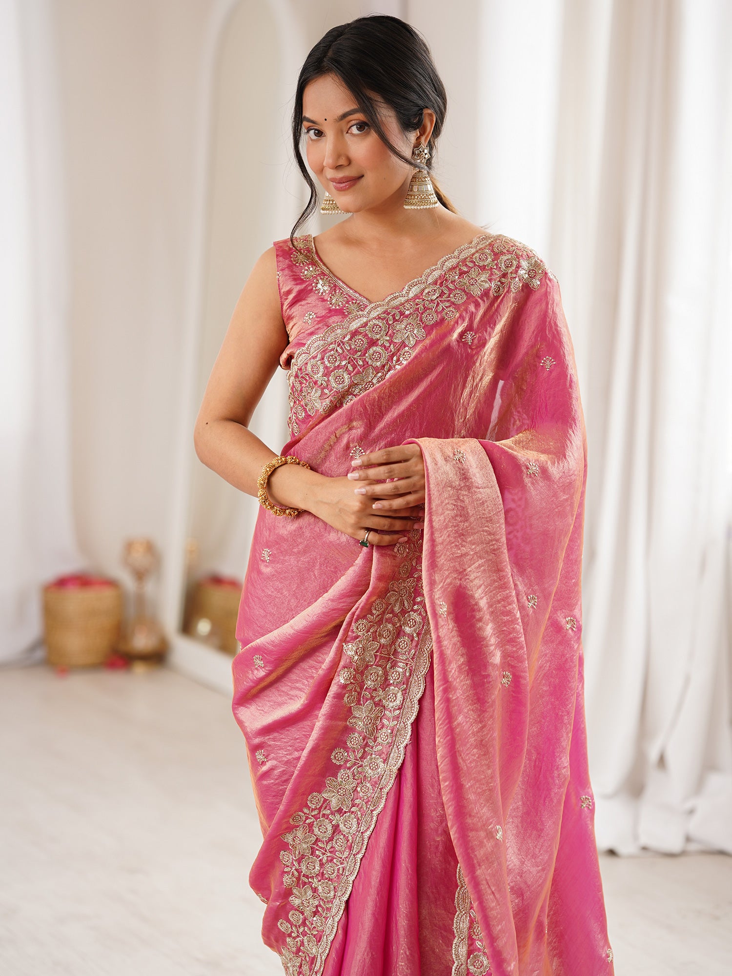 Women's Satin Rose Gold Embellished Designer Saree With Blouse Piece