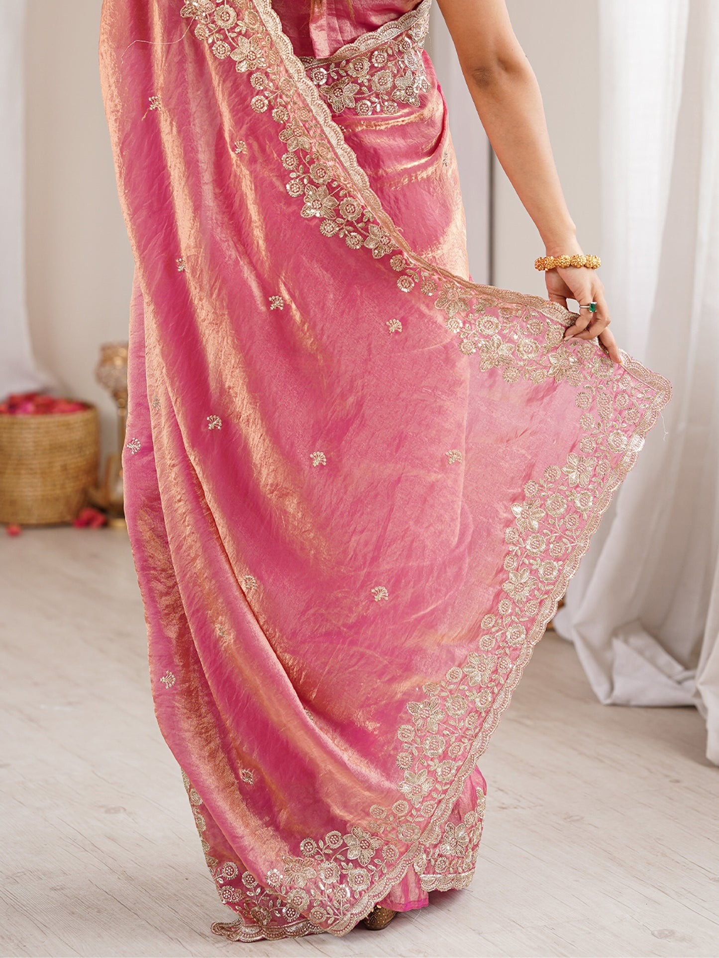 Women's Satin Rose Gold Embellished Designer Saree With Blouse Piece