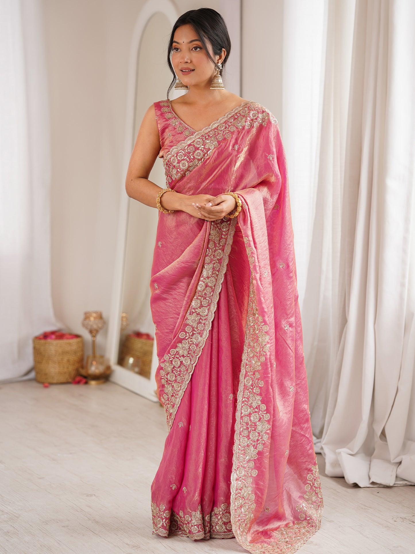 Women's Satin Rose Gold Embellished Designer Saree With Blouse Piece