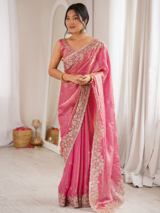 Women's Satin Rose Gold Embellished Designer Saree With Blouse Piece
