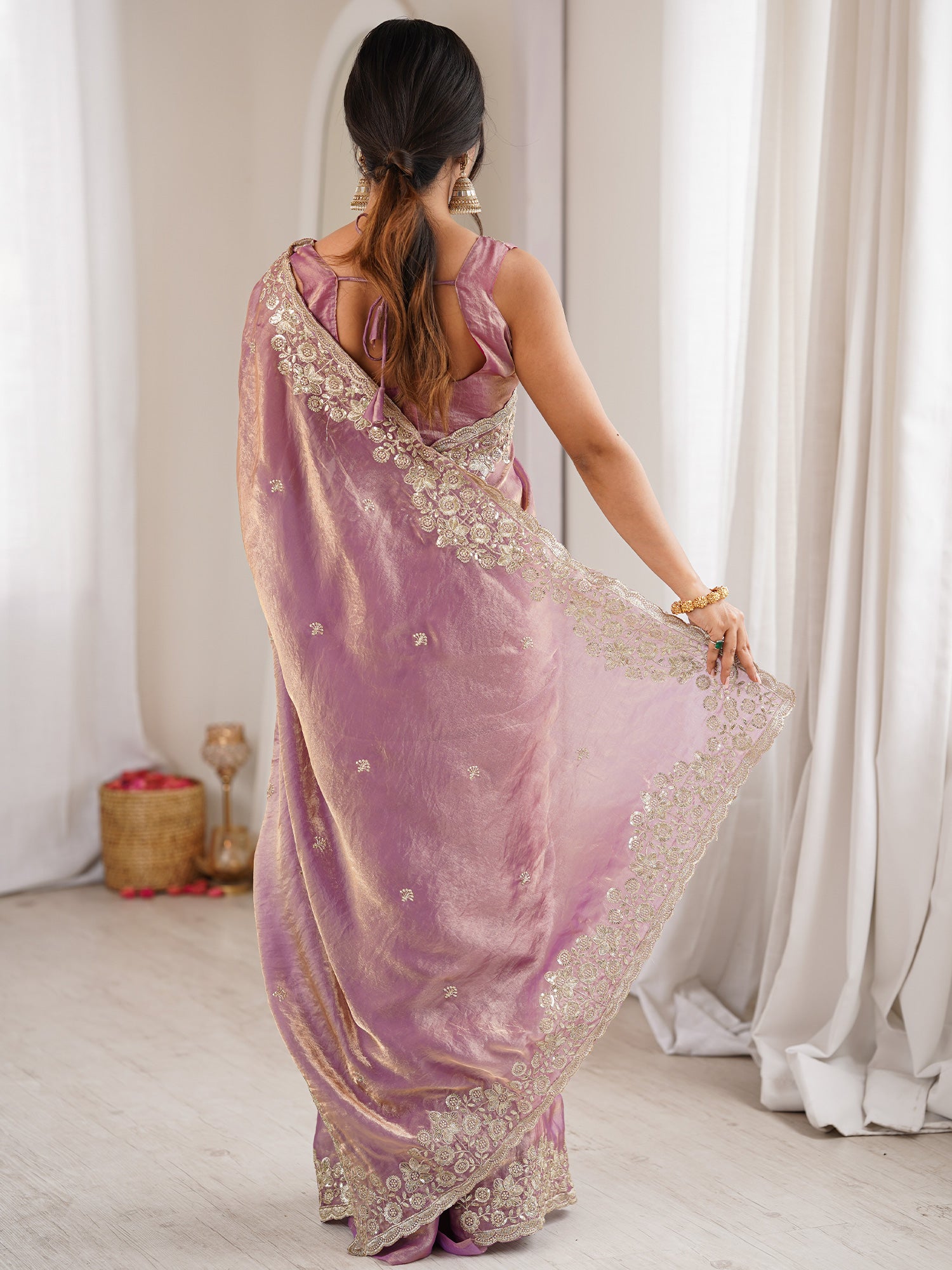 Women's Satin Lavender Embellished Designer Saree With Blouse Piece