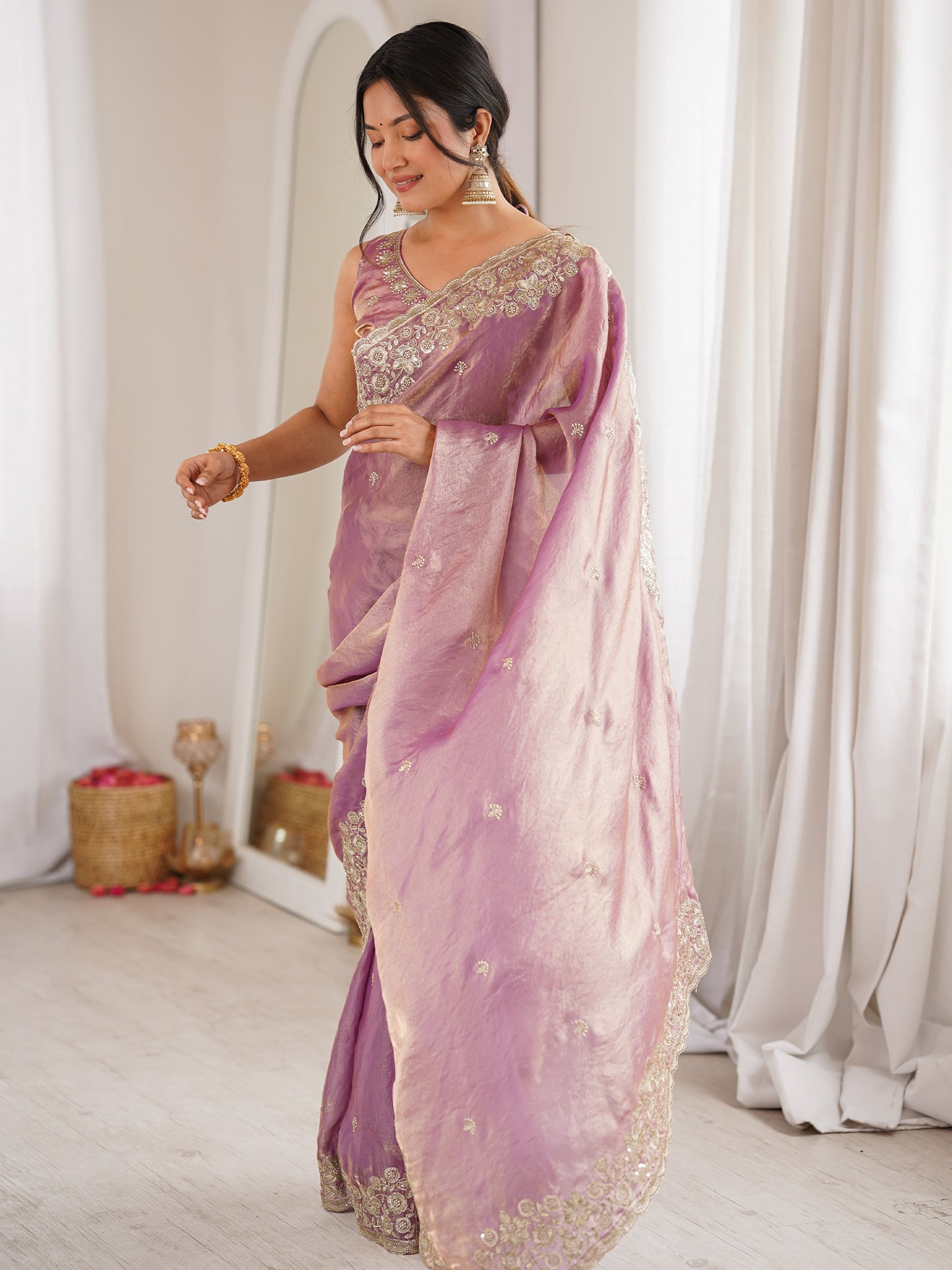Women's Satin Lavender Embellished Designer Saree With Blouse Piece