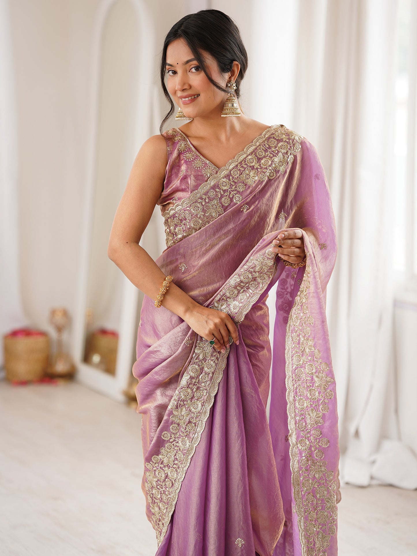 Women's Satin Lavender Embellished Designer Saree With Blouse Piece
