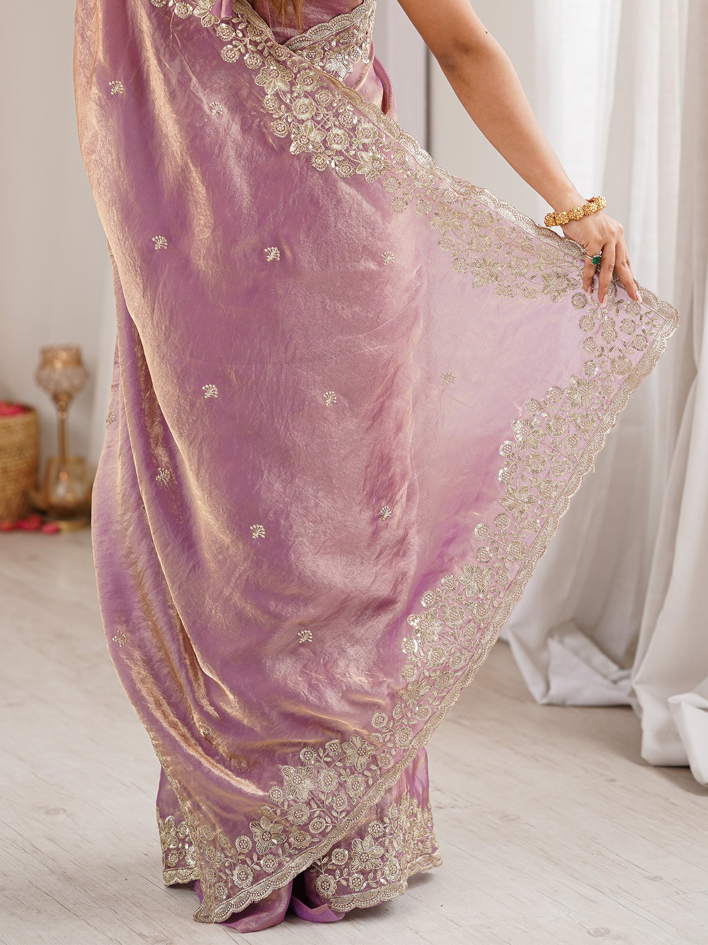 Women's Satin Lavender Embellished Designer Saree With Blouse Piece