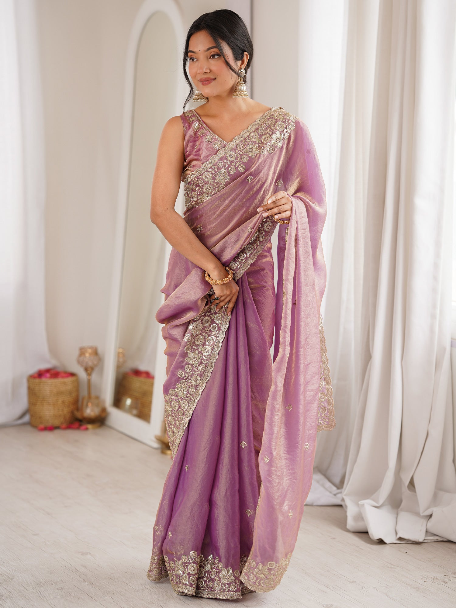 Women's Satin Lavender Embellished Designer Saree With Blouse Piece