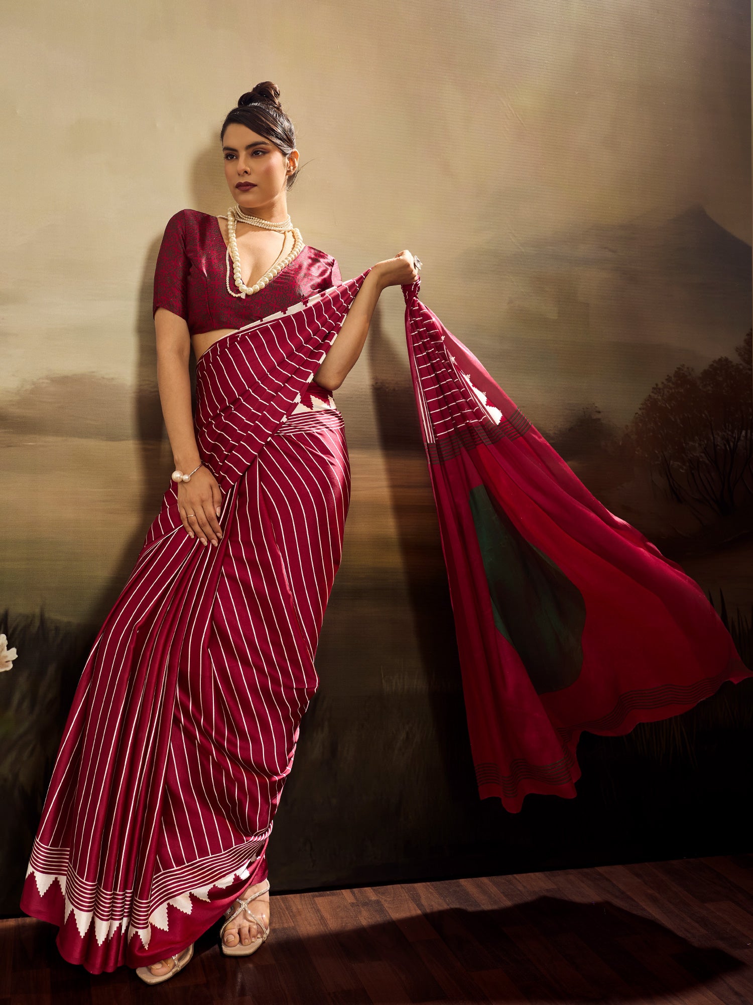 Women's Satin Silk Maroon Printed Designer Saree With Blouse Piece