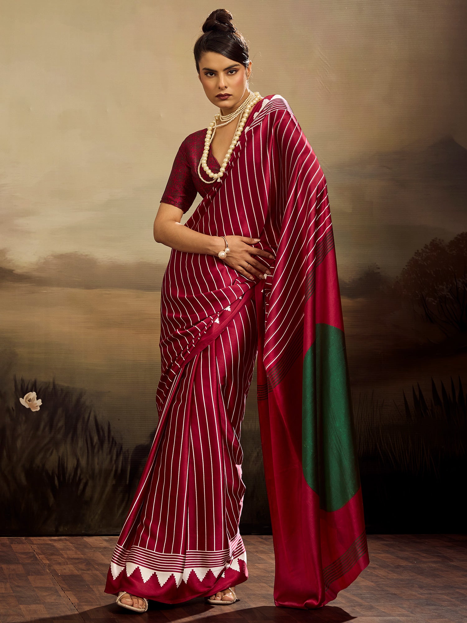 Women's Satin Silk Maroon Printed Designer Saree With Blouse Piece