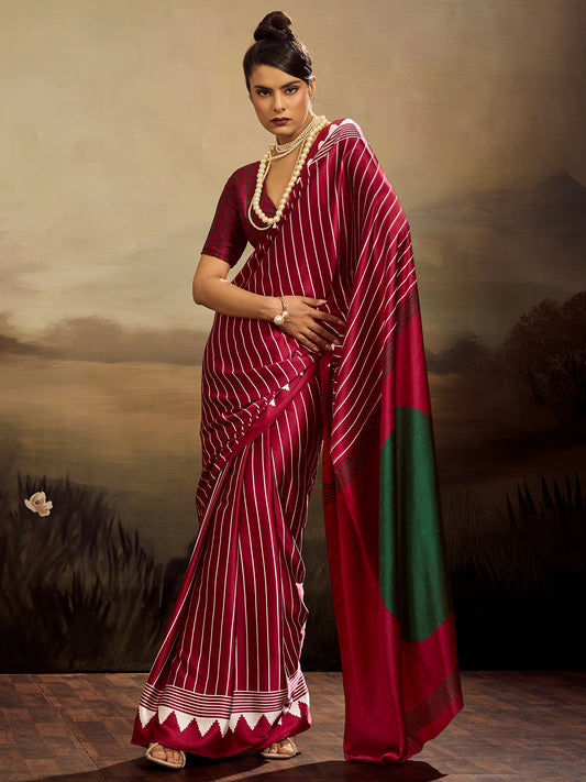 Women's Satin Silk Maroon Printed Designer Saree With Blouse Piece