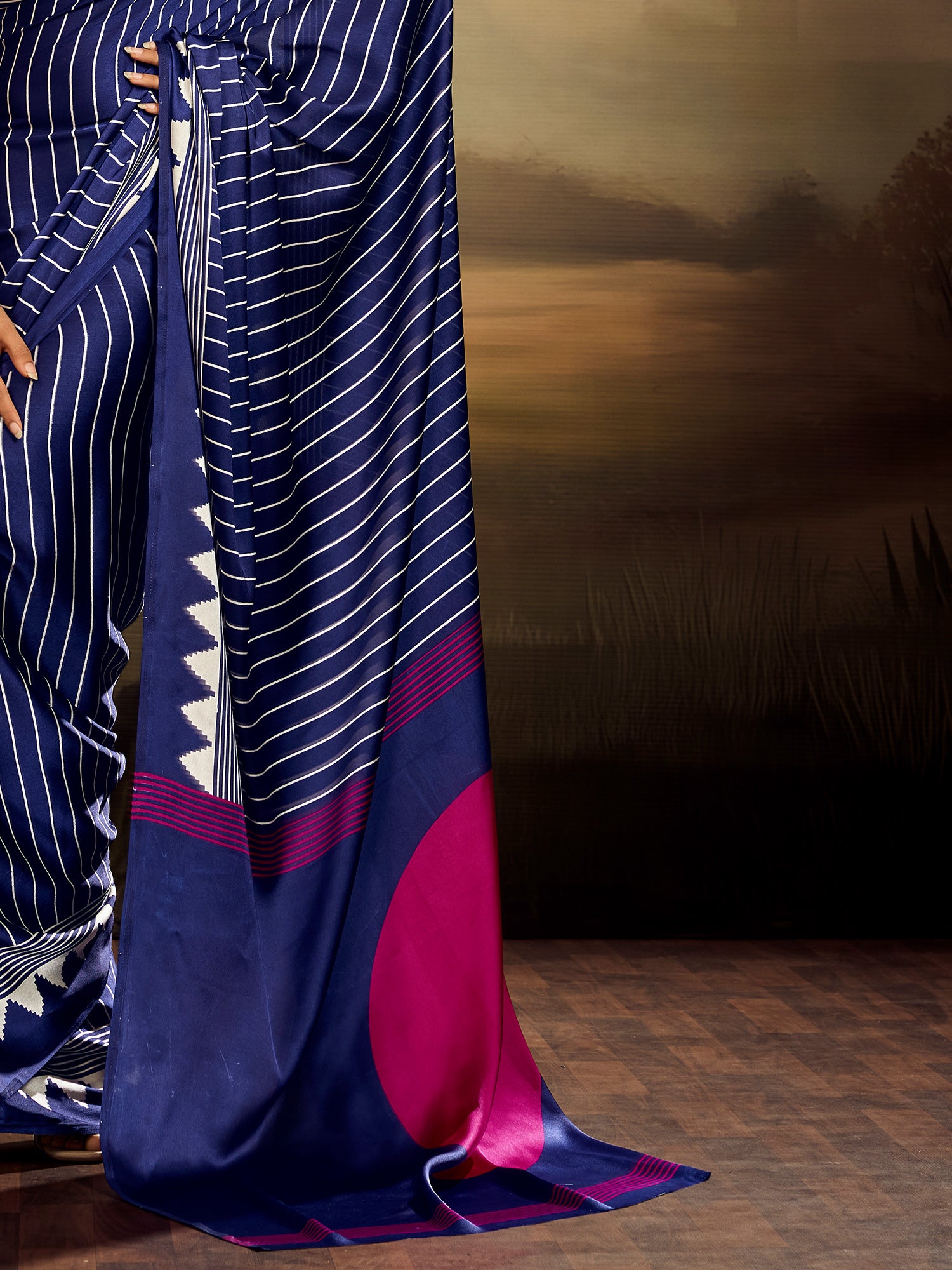 Women's Satin Silk Blue Printed Designer Saree With Blouse Piece
