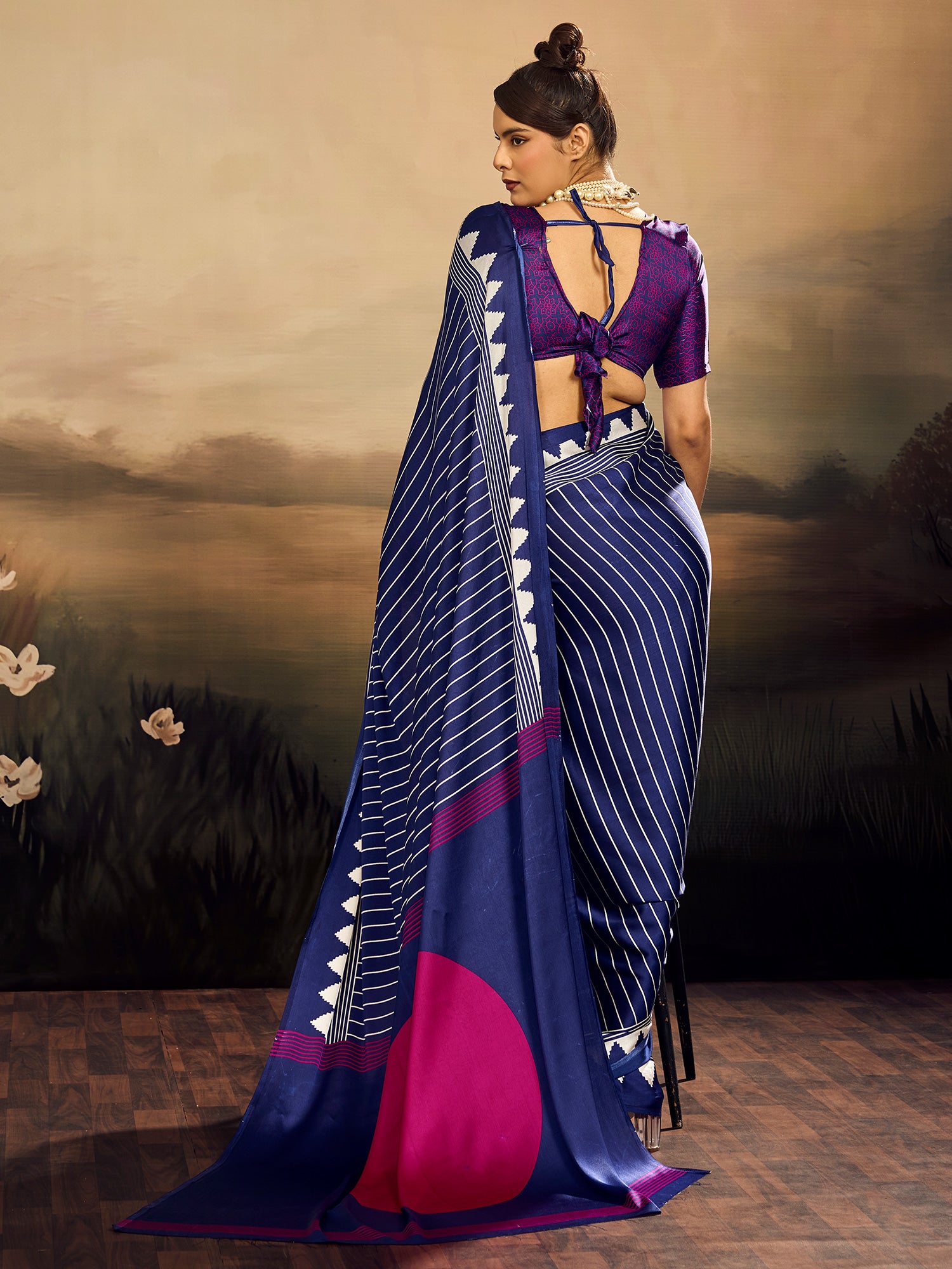 Women's Satin Silk Blue Printed Designer Saree With Blouse Piece