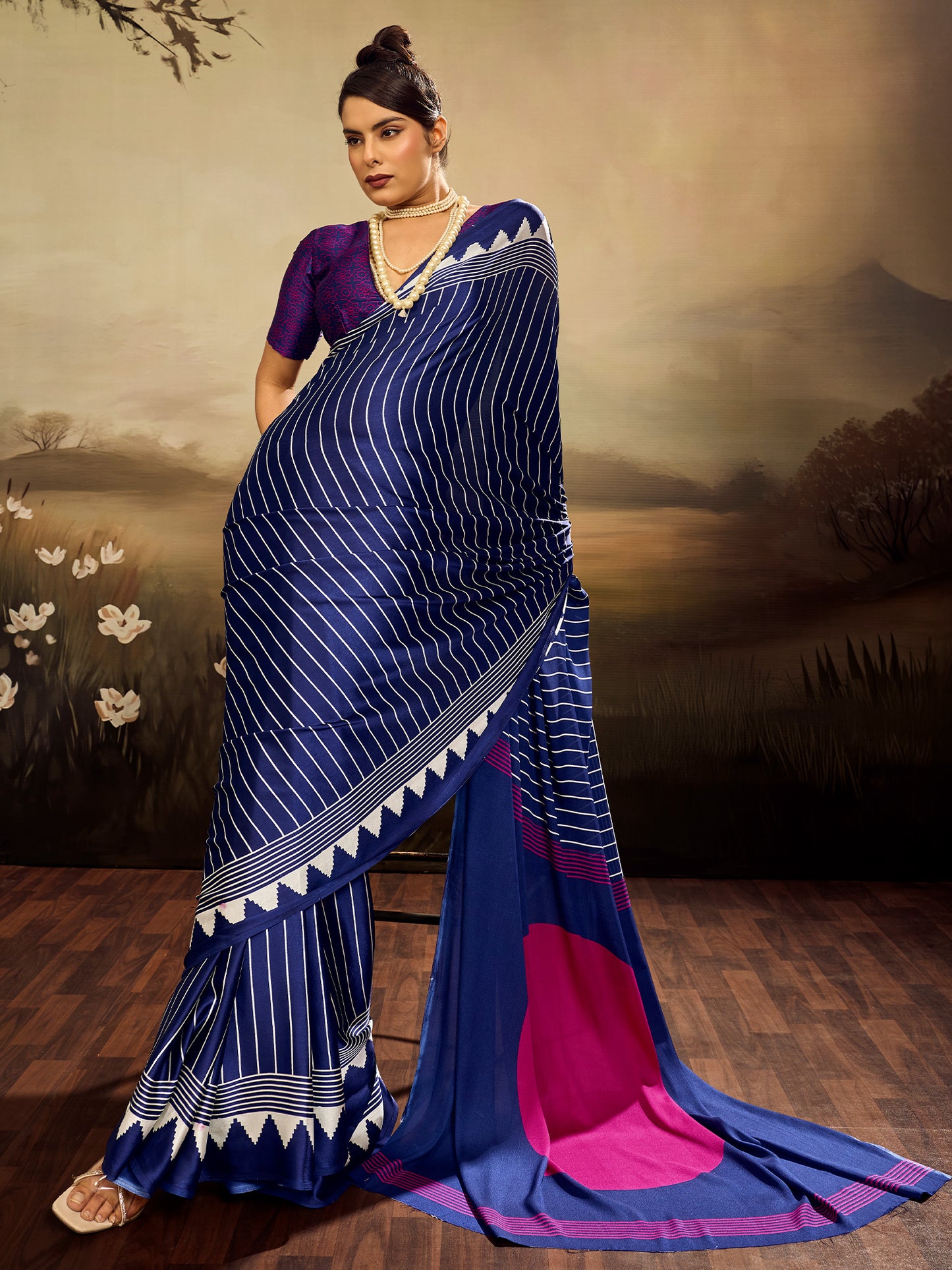 Women's Satin Silk Blue Printed Designer Saree With Blouse Piece