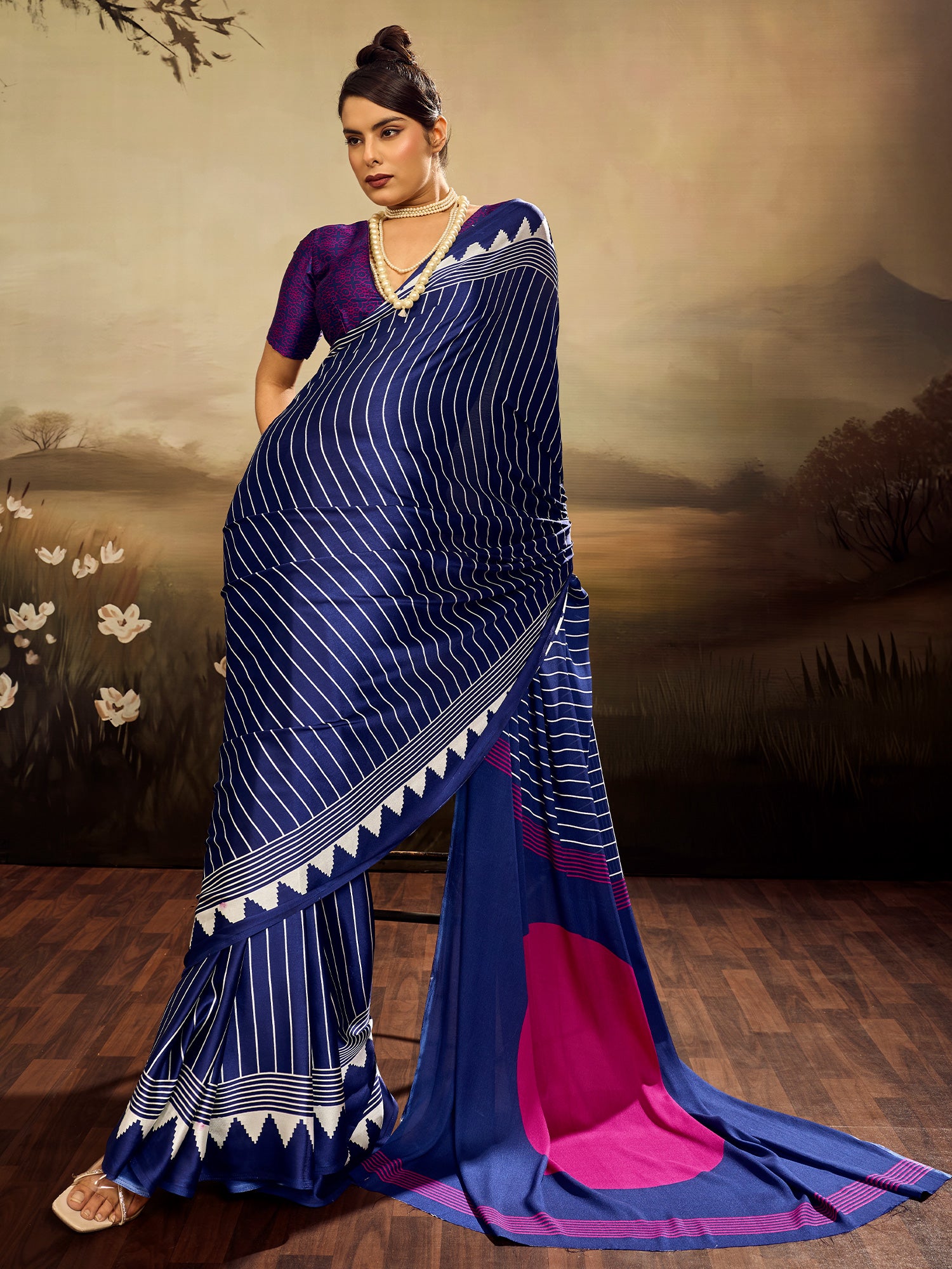 Women's Satin Silk Blue Printed Designer Saree With Blouse Piece