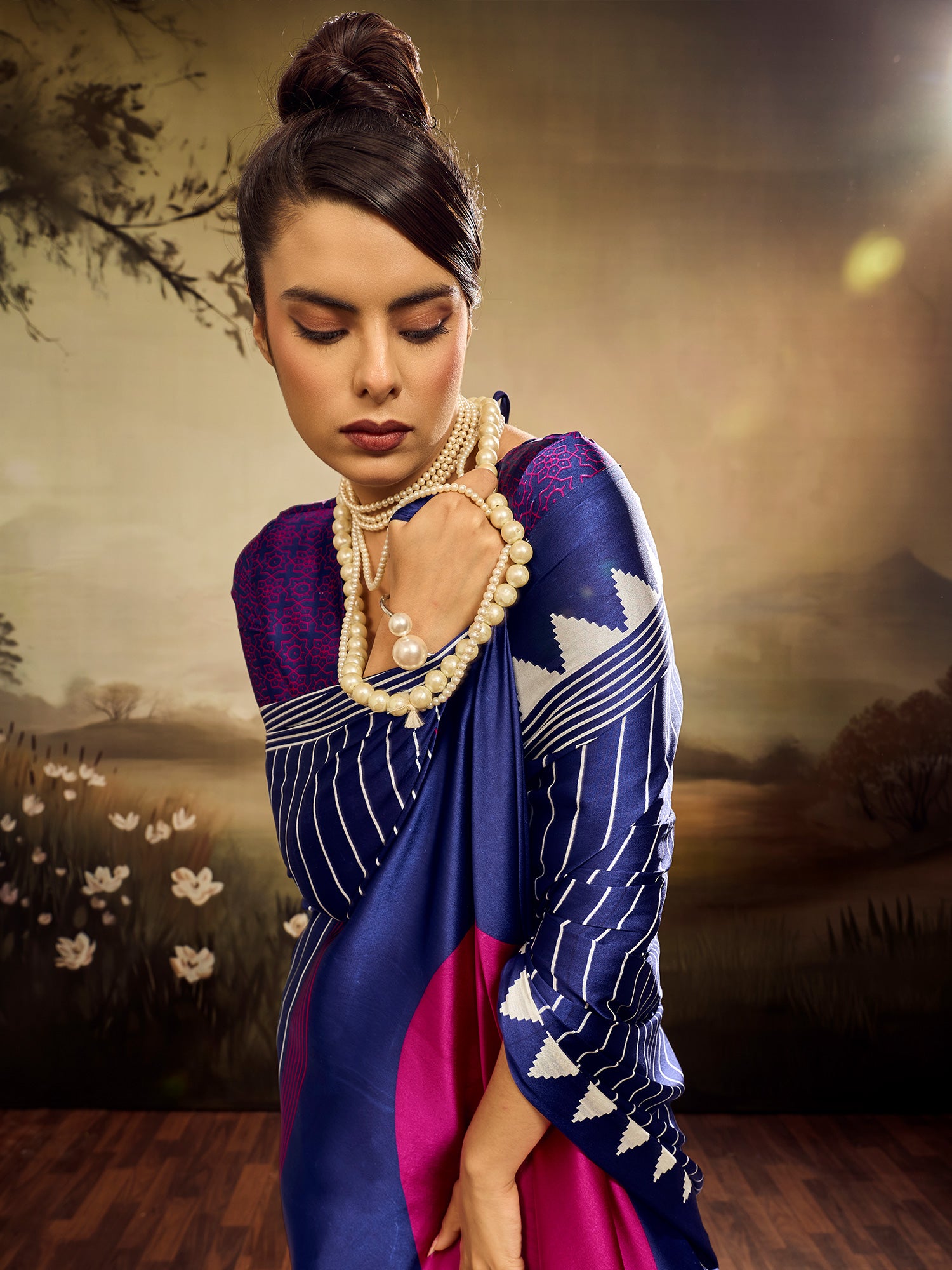 Women's Satin Silk Blue Printed Designer Saree With Blouse Piece