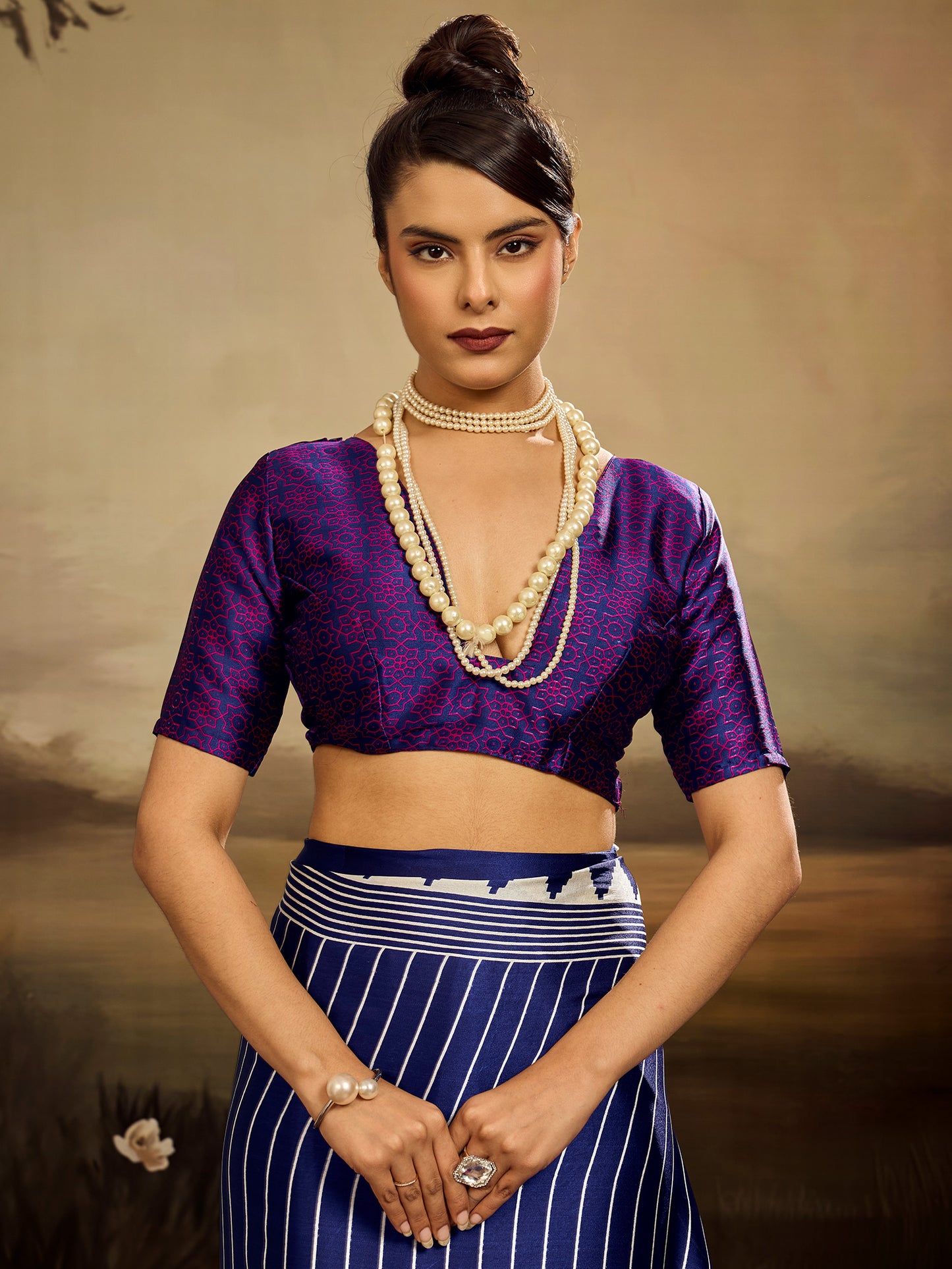 Women's Satin Silk Blue Printed Designer Saree With Blouse Piece