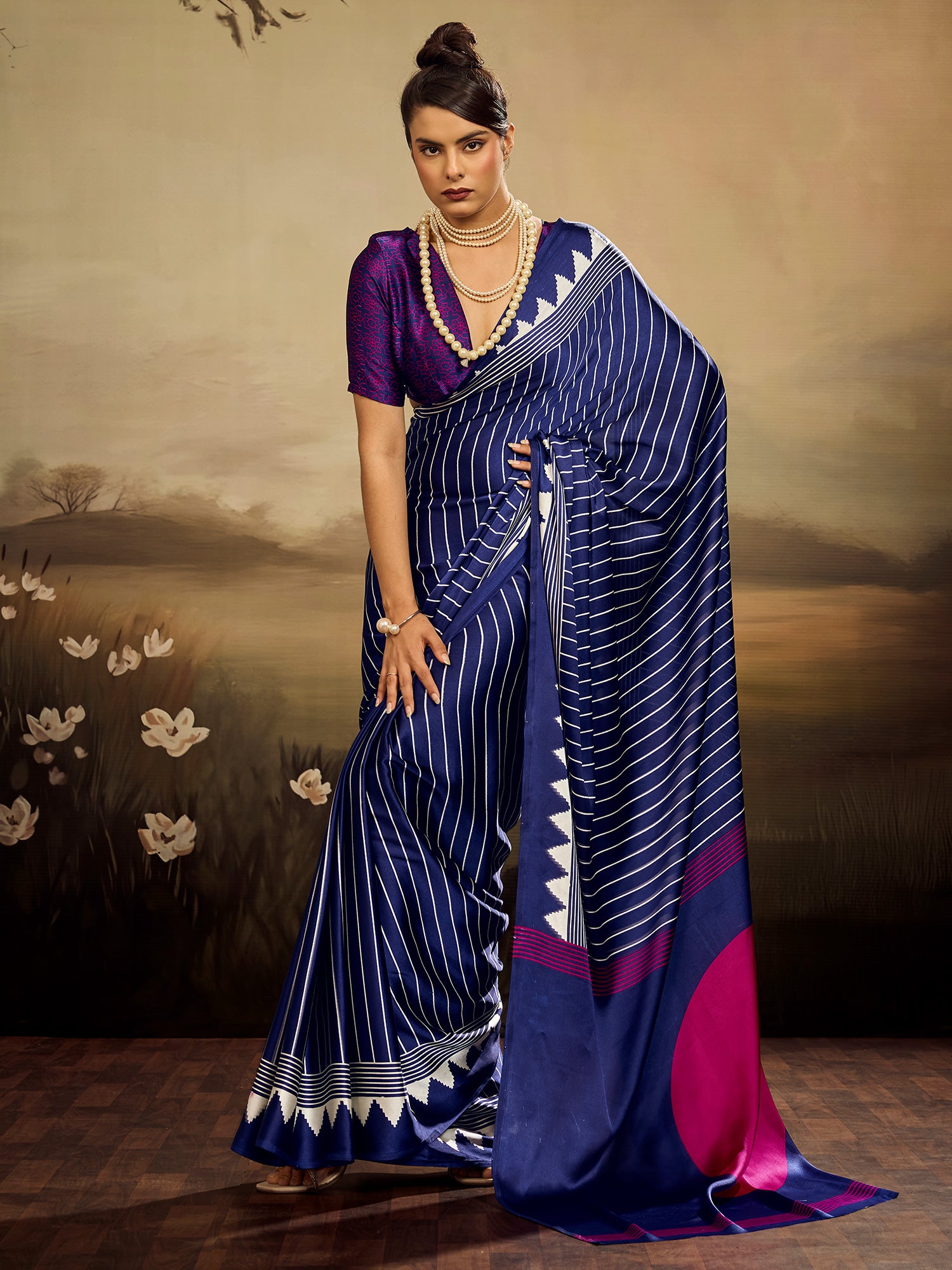 Women's Satin Silk Blue Printed Designer Saree With Blouse Piece