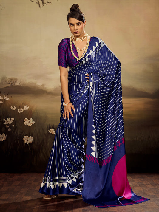 Women's Satin Silk Blue Printed Designer Saree With Blouse Piece