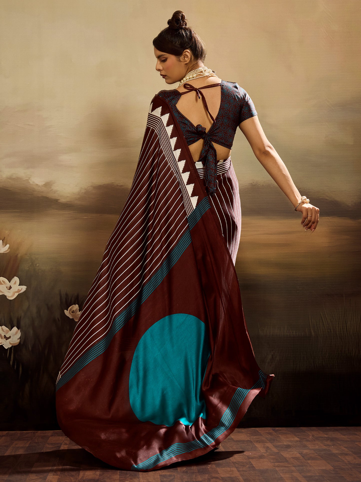 Women's Satin Silk Dark Brown Printed Designer Saree With Blouse Piece