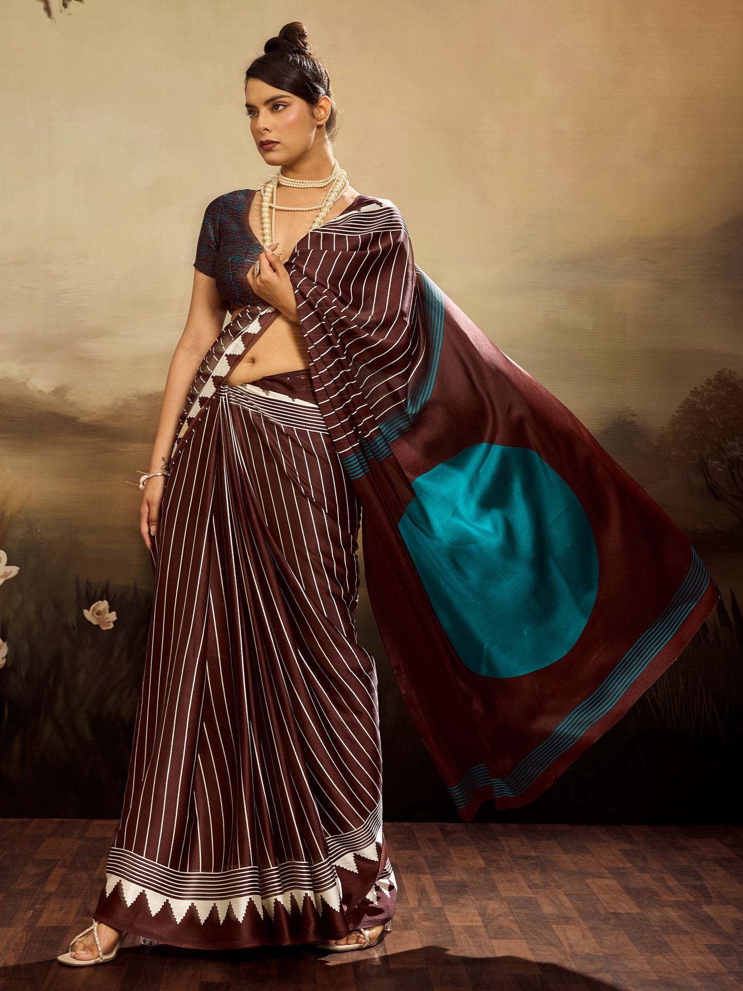 Women's Satin Silk Dark Brown Printed Designer Saree With Blouse Piece